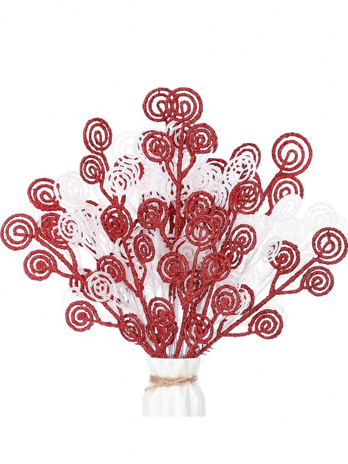 10Pcs Christmas Curly Tree Picks Sprays Twigs 12 Inch Decorative Candy Shape Sticks Glitter Artificial Stem Picks Ornaments For Wedding Xmas Tree Wreath Decor Vase Fillers