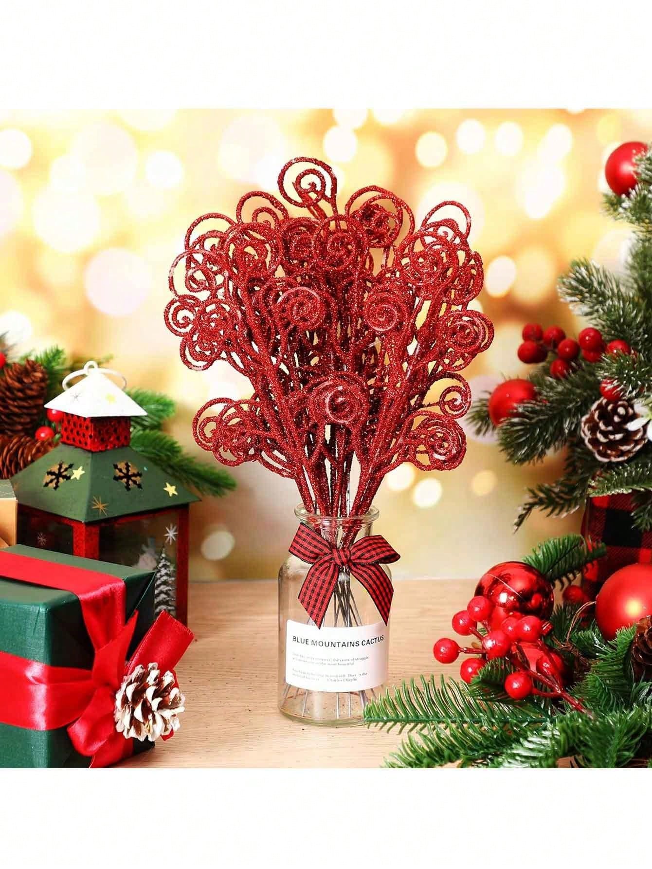 10Pcs Christmas Curly Tree Picks Sprays Twigs 12 Inch Decorative Candy Shape Sticks Glitter Artificial Stem Picks Ornaments For Wedding Xmas Tree Wreath Decor Vase Fillers