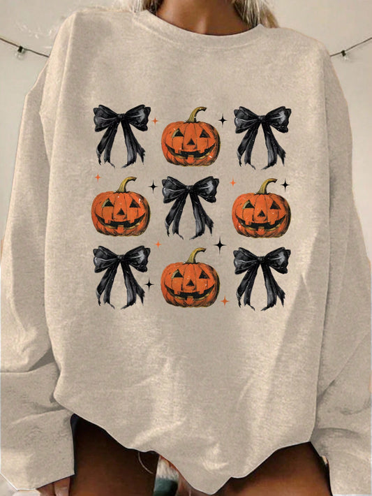 Unity Women's Fall Halloween Pumpkin Bow Print Crew Neck Long Sleeve Sweatshirt, Autumn Clothes