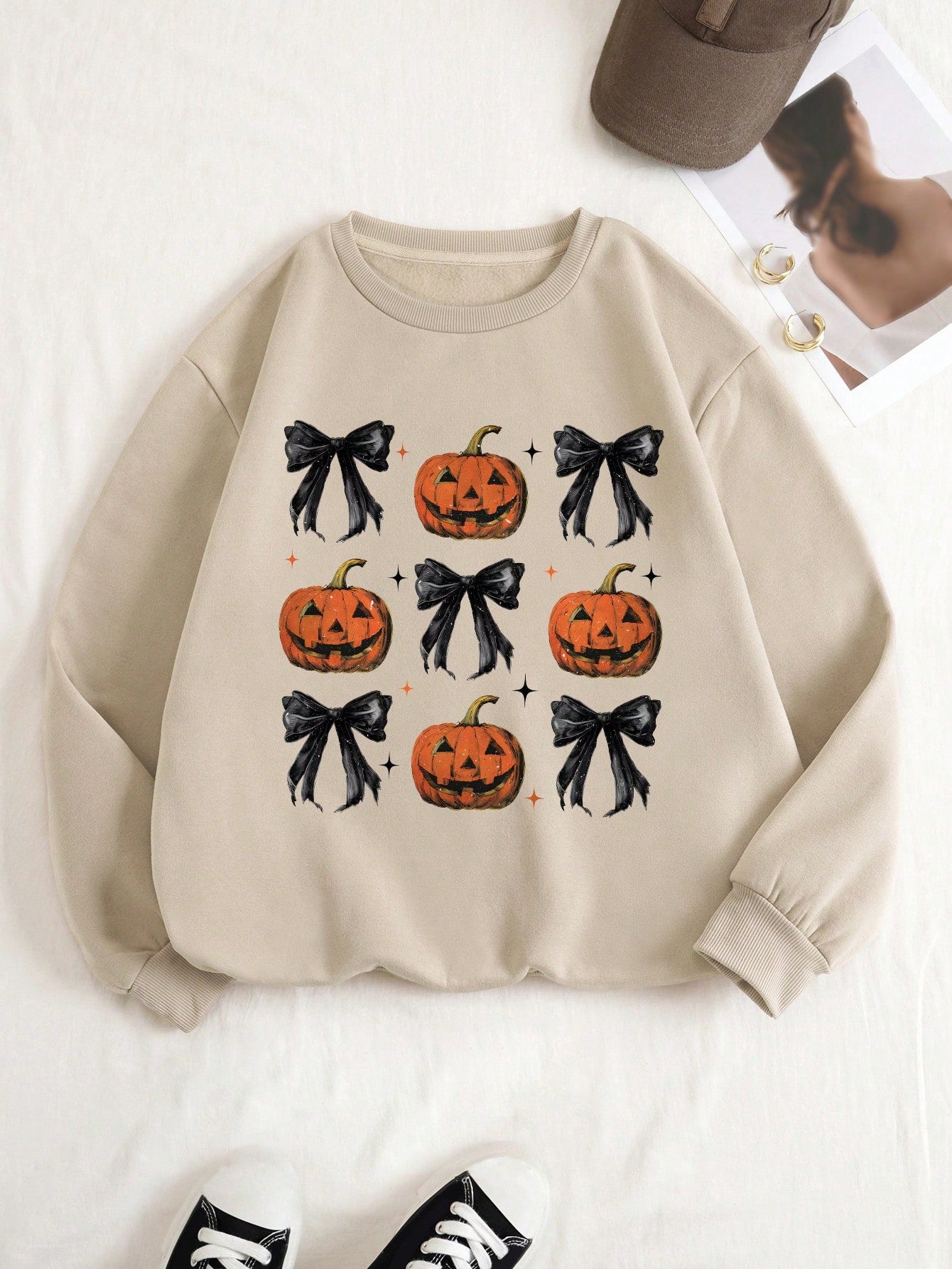 Unity Women's Fall Halloween Pumpkin Bow Print Crew Neck Long Sleeve Sweatshirt, Autumn Clothes