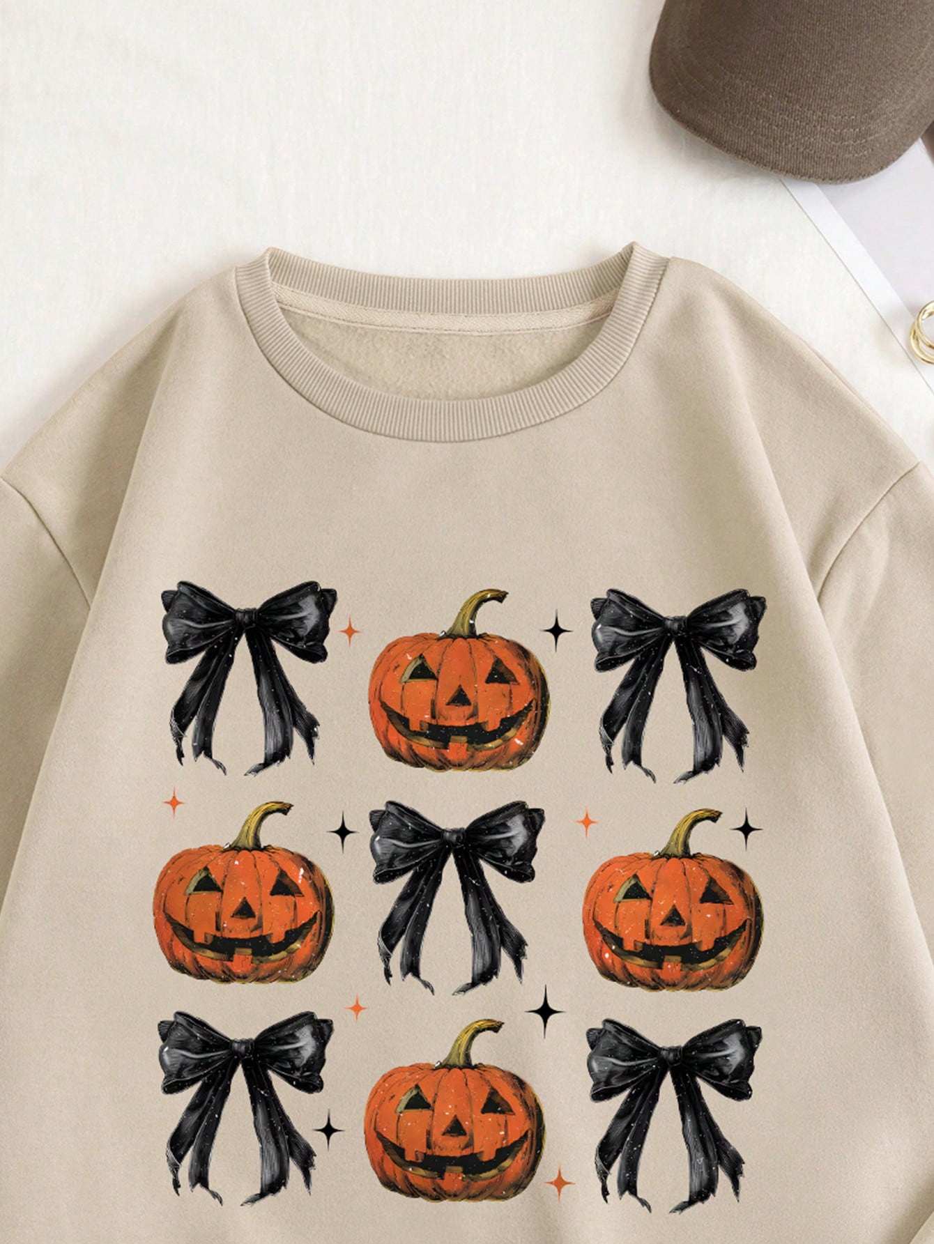 Unity Women's Fall Halloween Pumpkin Bow Print Crew Neck Long Sleeve Sweatshirt, Autumn Clothes