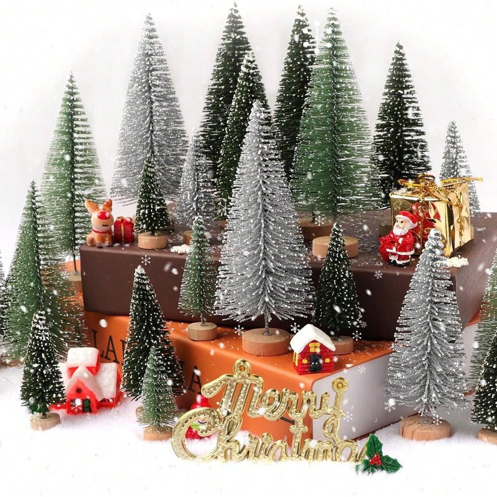 6Pcs Christmas Decorations Mini Christmas Trees, Artificial Christmas Tree Bottle Brush Trees With Wooden Base For Christmas Decor Christmas Party Home Table Craft, Photography Decorative Ornaments