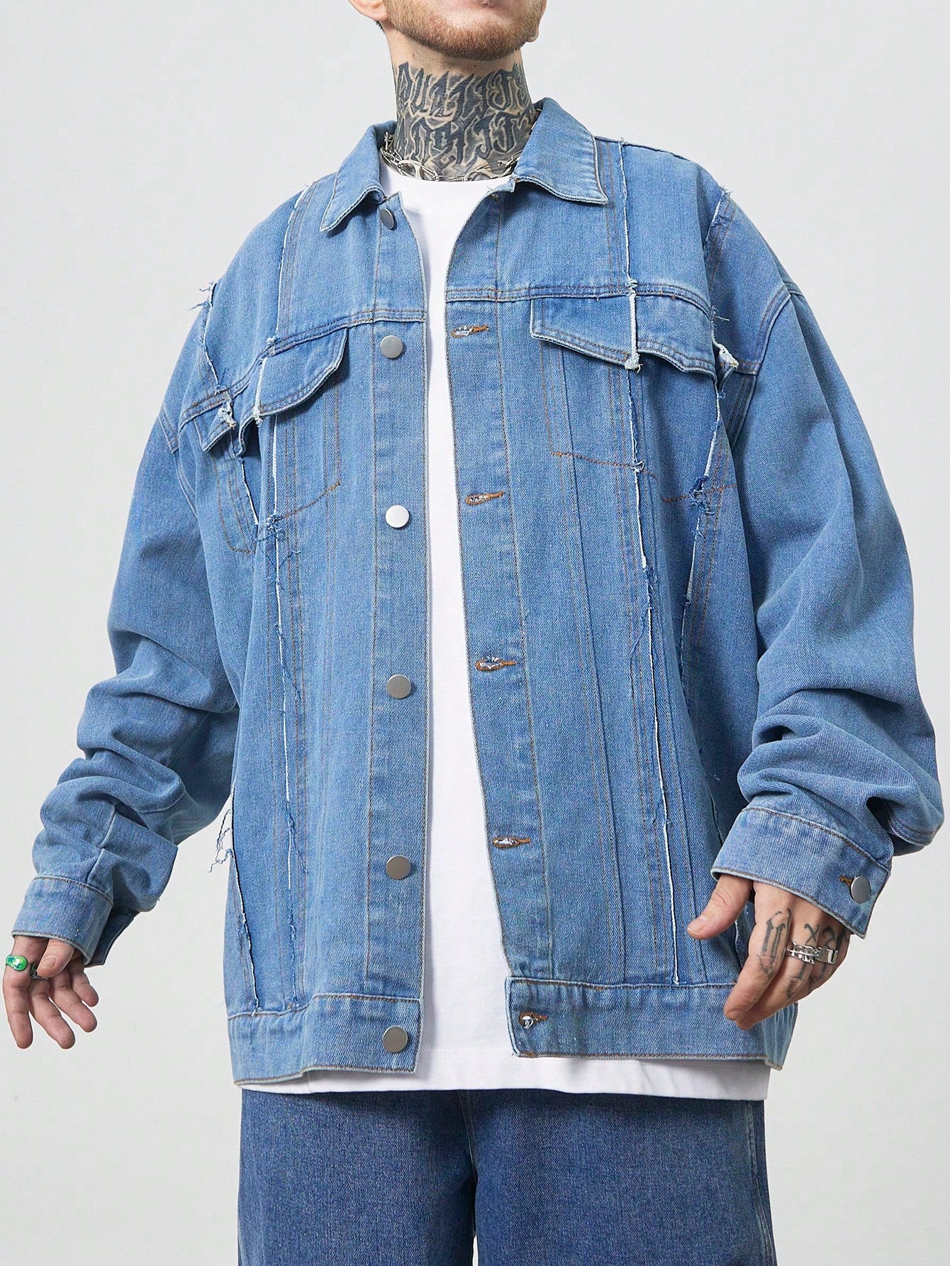 Manfinity EMRG Men's Light Blue Oversized Denim Jacket With Frayed Patches And Drop Shoulders