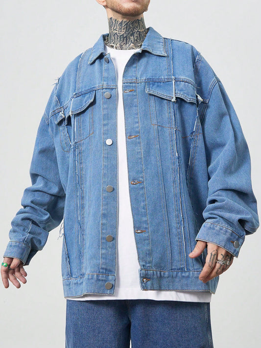 Manfinity EMRG Men's Light Blue Oversized Denim Jacket With Frayed Patches And Drop Shoulders