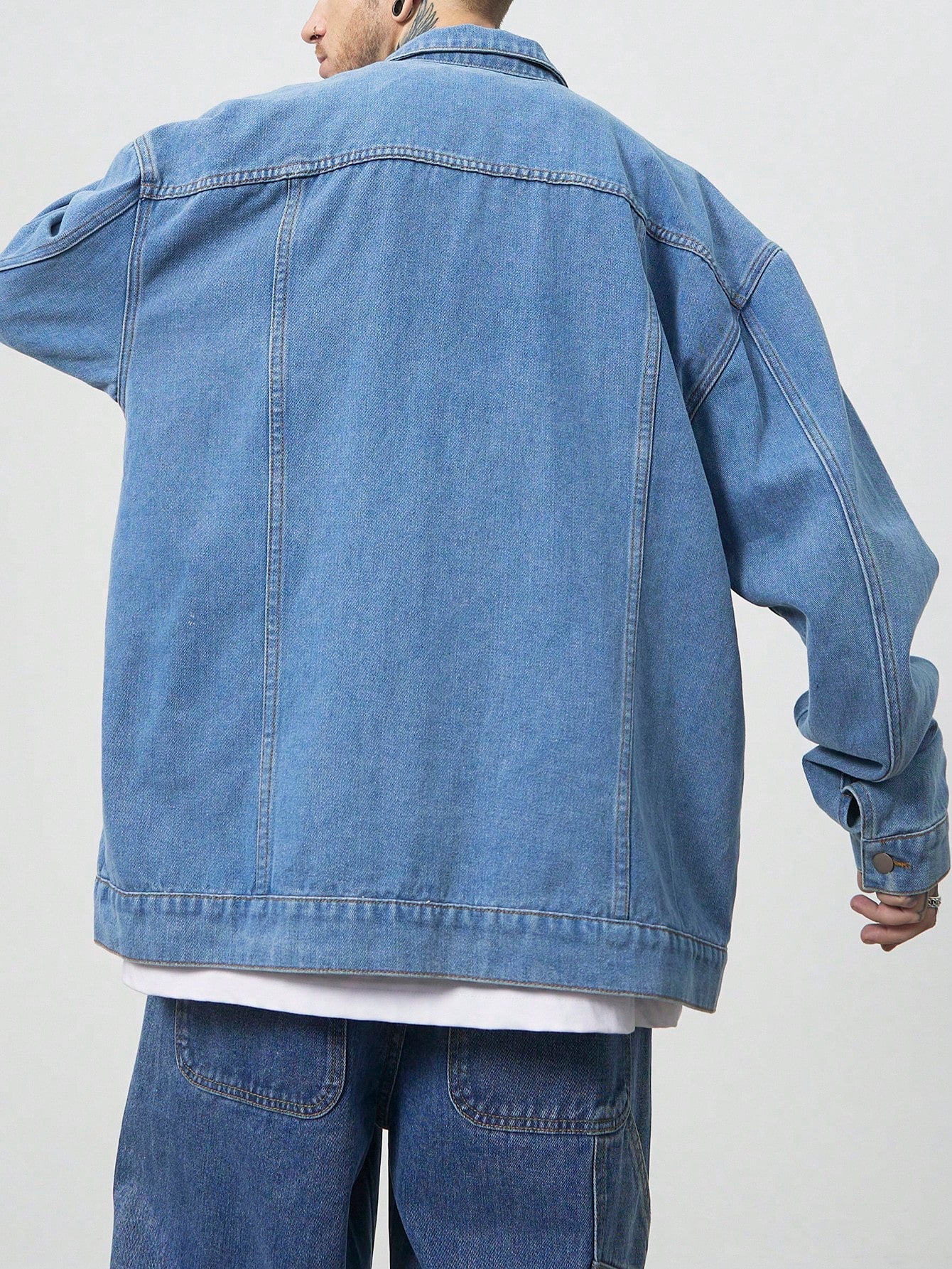 Manfinity EMRG Men's Light Blue Oversized Denim Jacket With Frayed Patches And Drop Shoulders