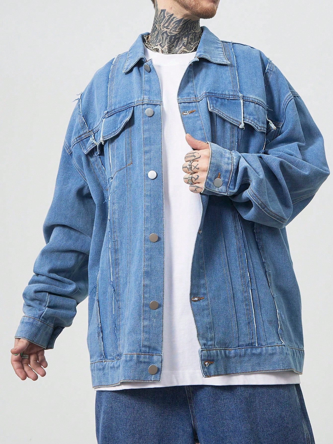 Manfinity EMRG Men's Light Blue Oversized Denim Jacket With Frayed Patches And Drop Shoulders