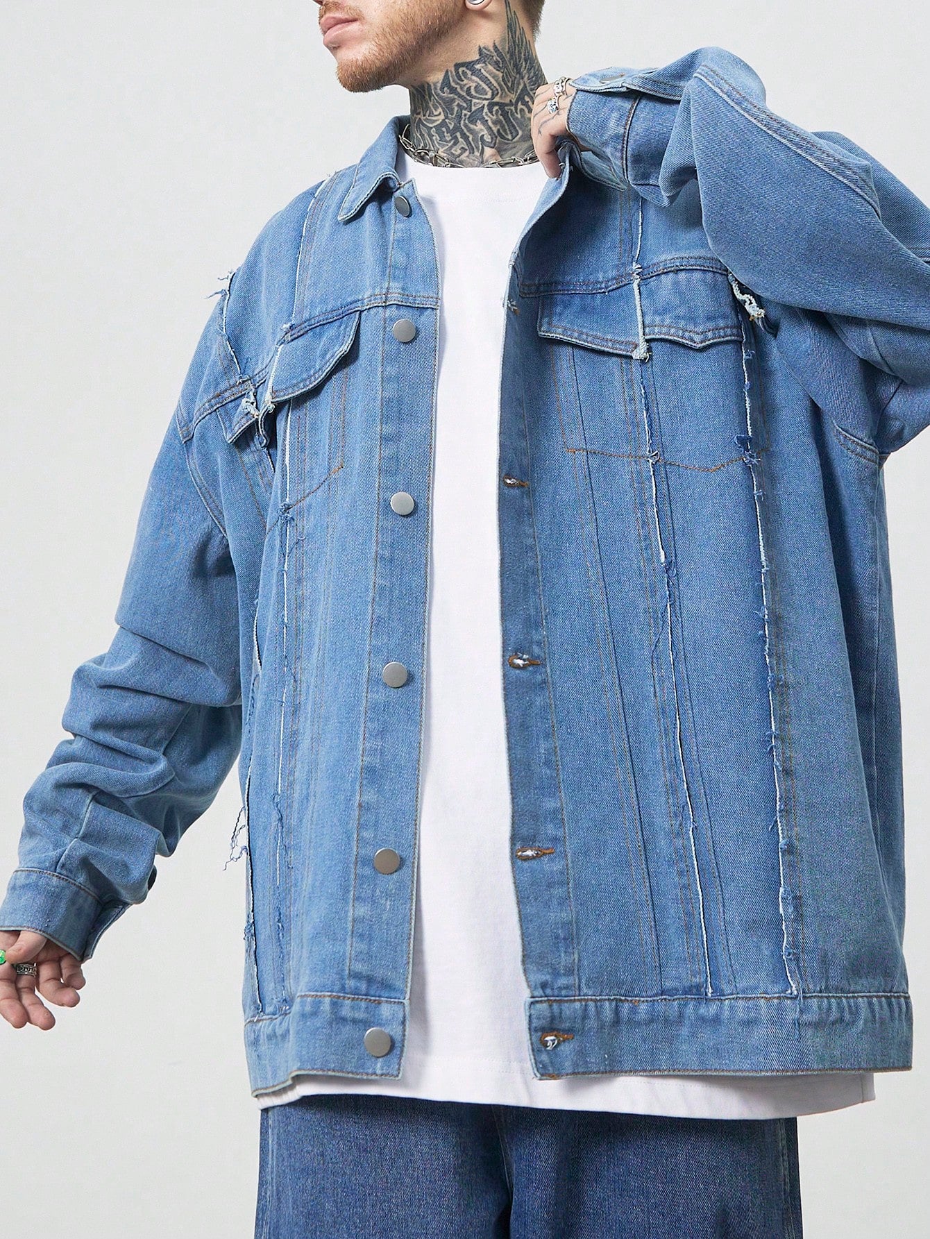 Manfinity EMRG Men's Light Blue Oversized Denim Jacket With Frayed Patches And Drop Shoulders