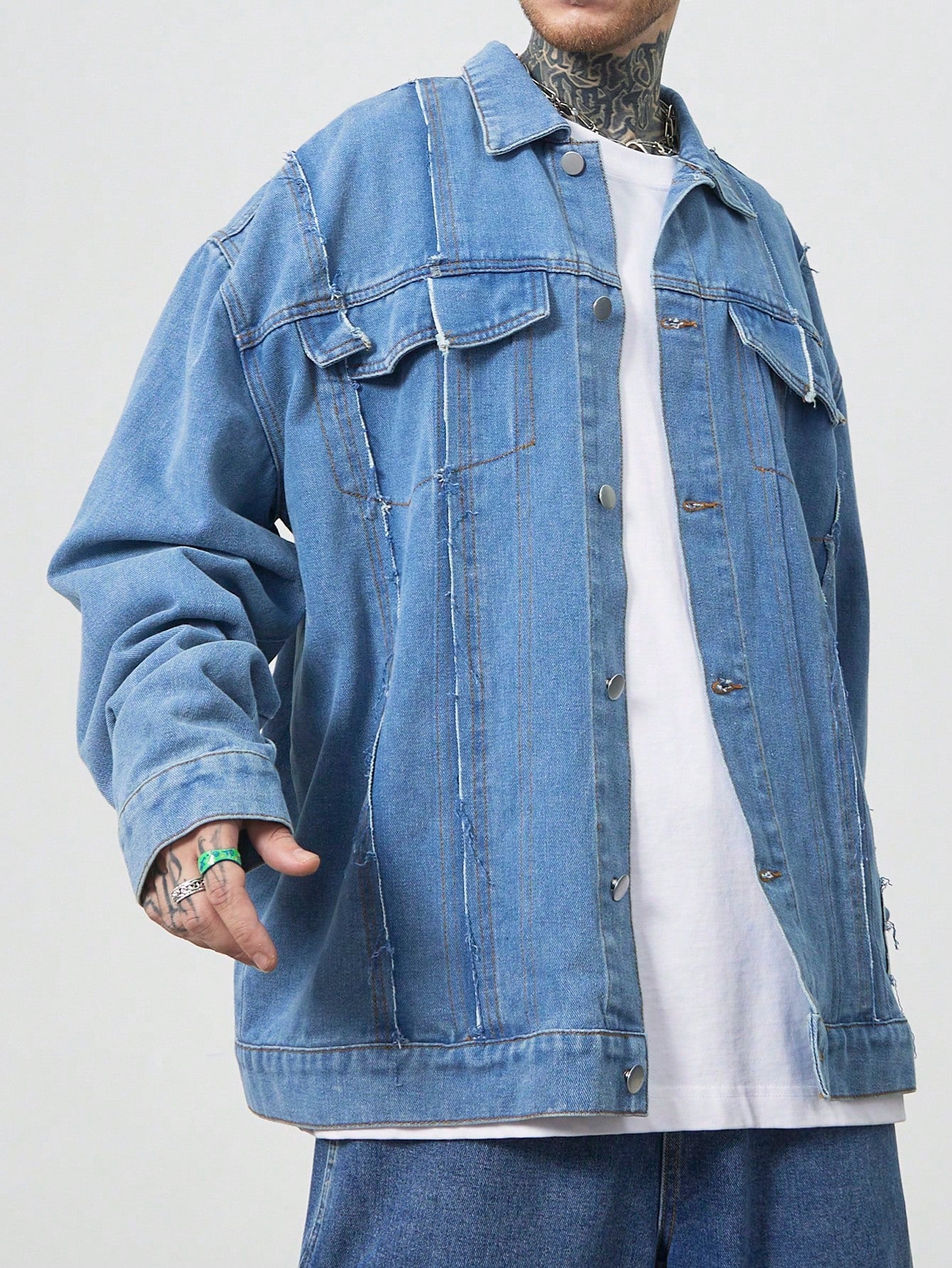 Manfinity EMRG Men's Light Blue Oversized Denim Jacket With Frayed Patches And Drop Shoulders