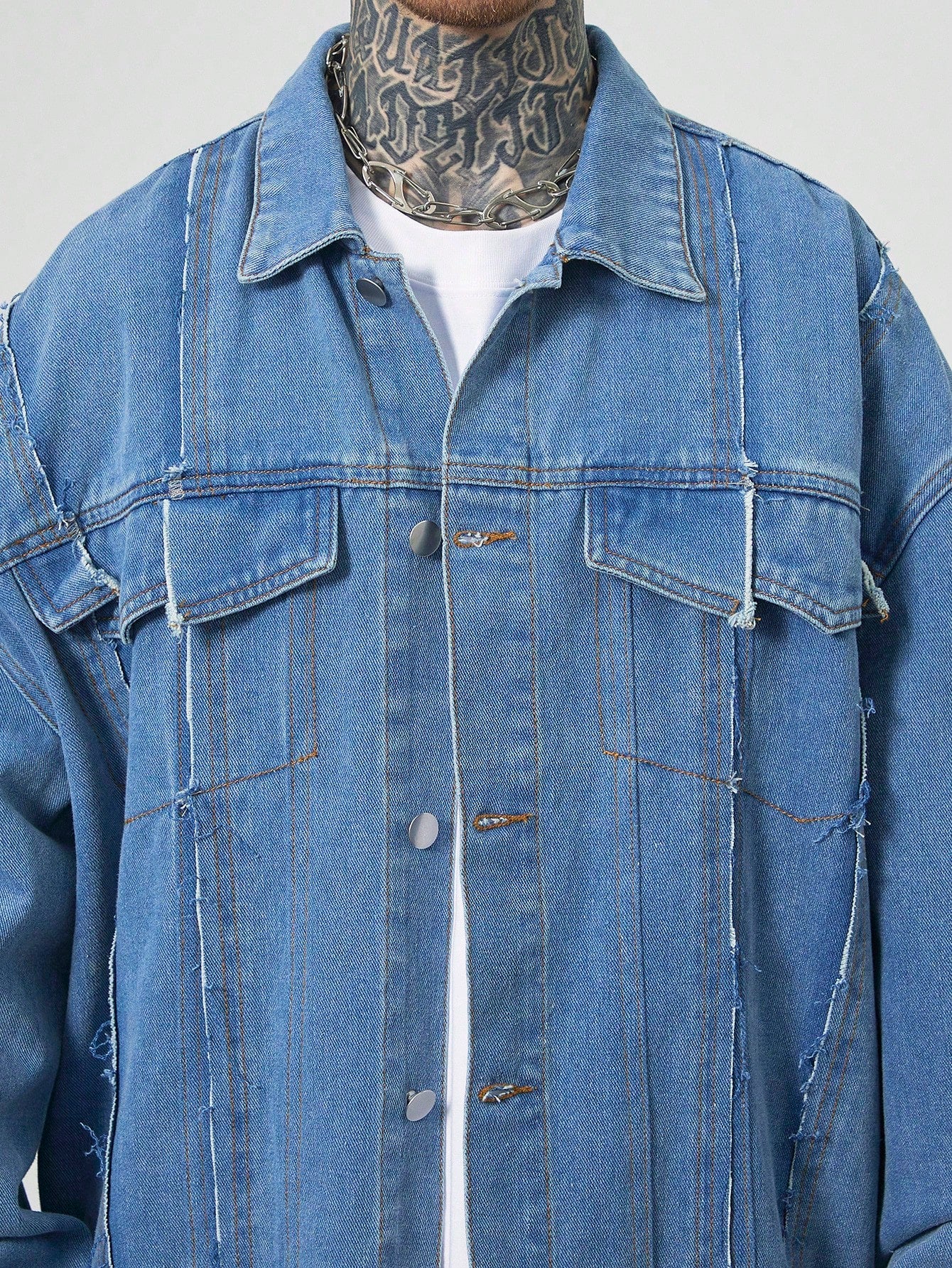 Manfinity EMRG Men's Light Blue Oversized Denim Jacket With Frayed Patches And Drop Shoulders