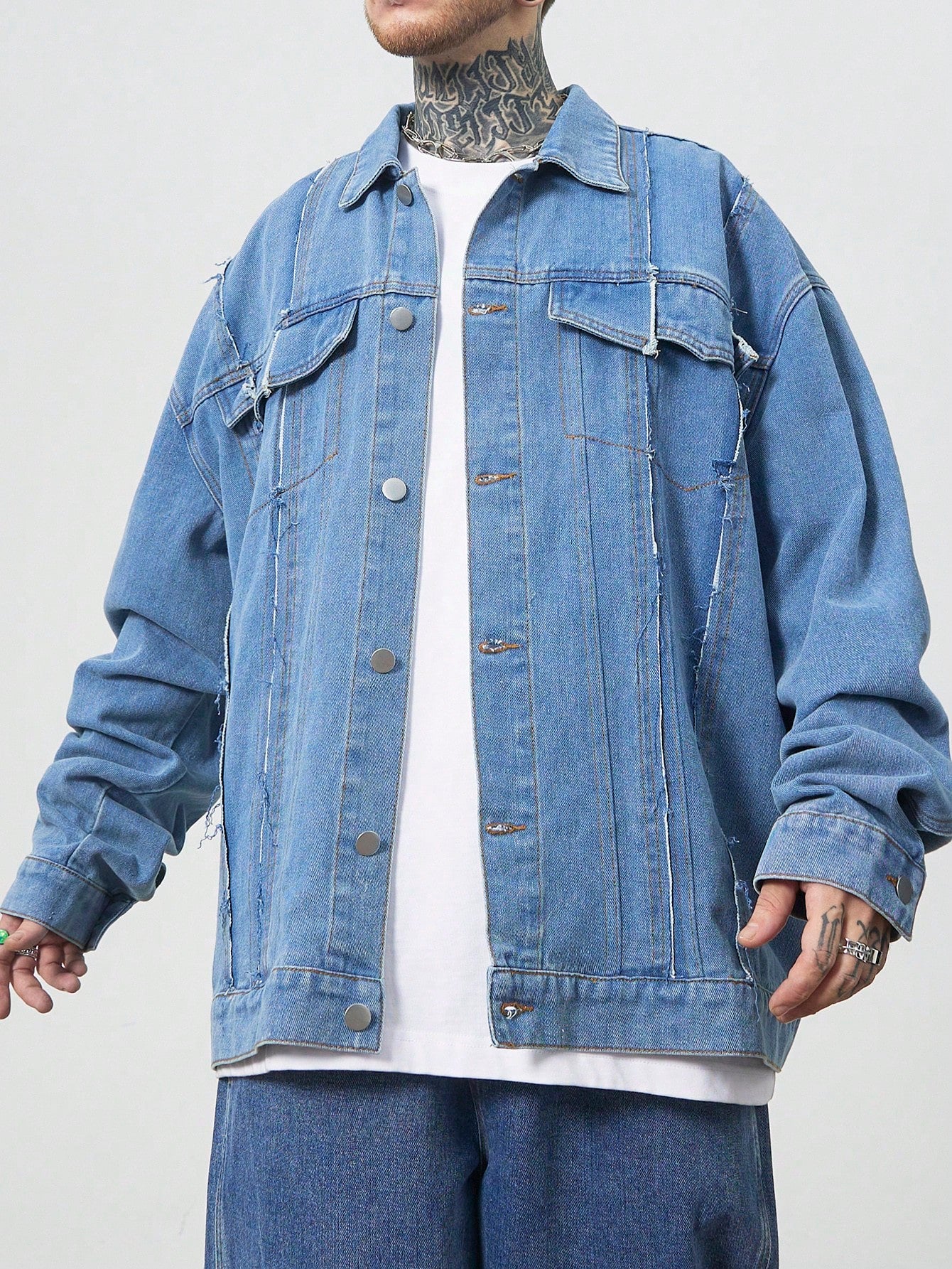 Manfinity EMRG Men's Light Blue Oversized Denim Jacket With Frayed Patches And Drop Shoulders