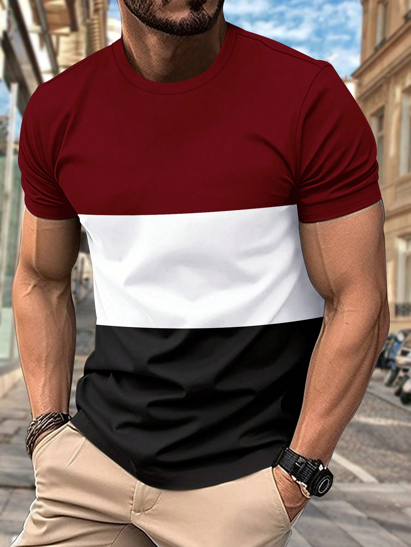 Men's Summer Colorblock T-Shirt, Breathable And Comfortable Casual Sports Fitness Beach Vacation Short Sleeve Tee With Round Neck