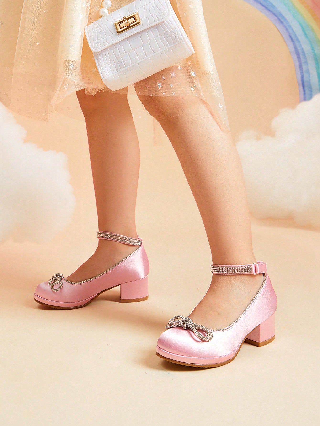 Girls Dress Shoes Low Heel Rhinestones Ankle Strap Princess  Shoes Bow Flower Party Wedding School Pump For Toddler Little Big Kid