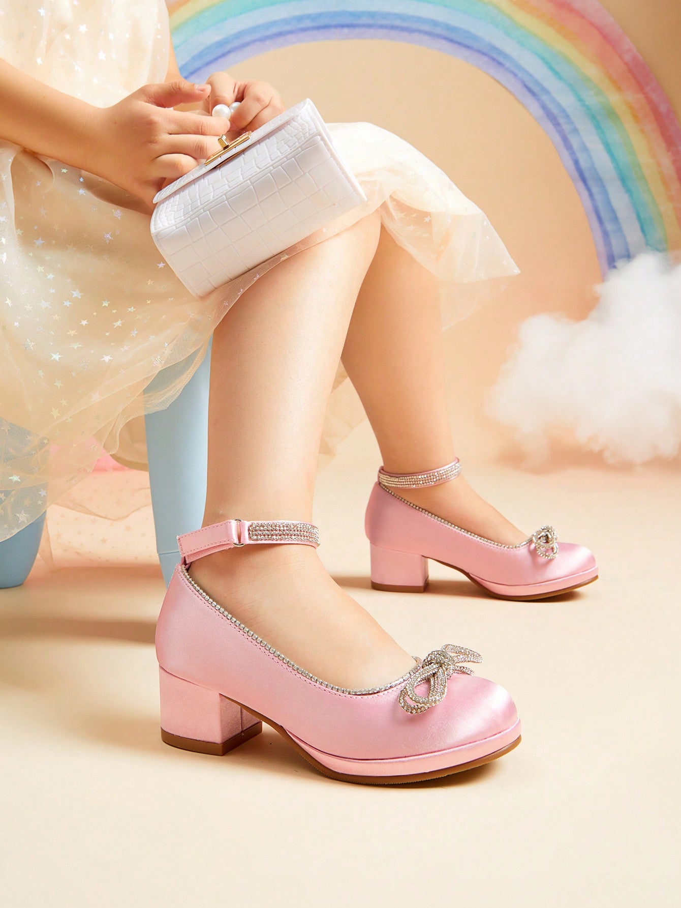 Girls Dress Shoes Low Heel Rhinestones Ankle Strap Princess  Shoes Bow Flower Party Wedding School Pump For Toddler Little Big Kid