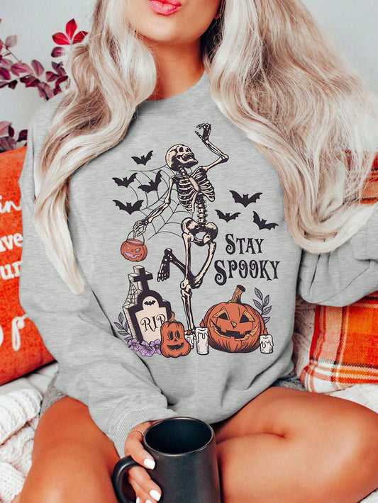 x Carly Lawrence SHEIN EZwear Women's Pumpkin Bat Skeleton Halloween Print Crew Neck Long Sleeve Sweatshirt