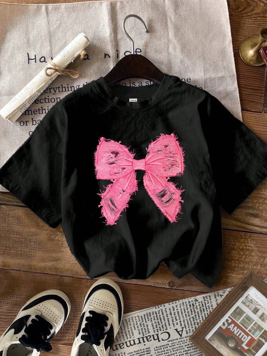 Young Girl Casual Minimalist Pink Bow Pattern Short Sleeve T-Shirt, Suitable For Summer