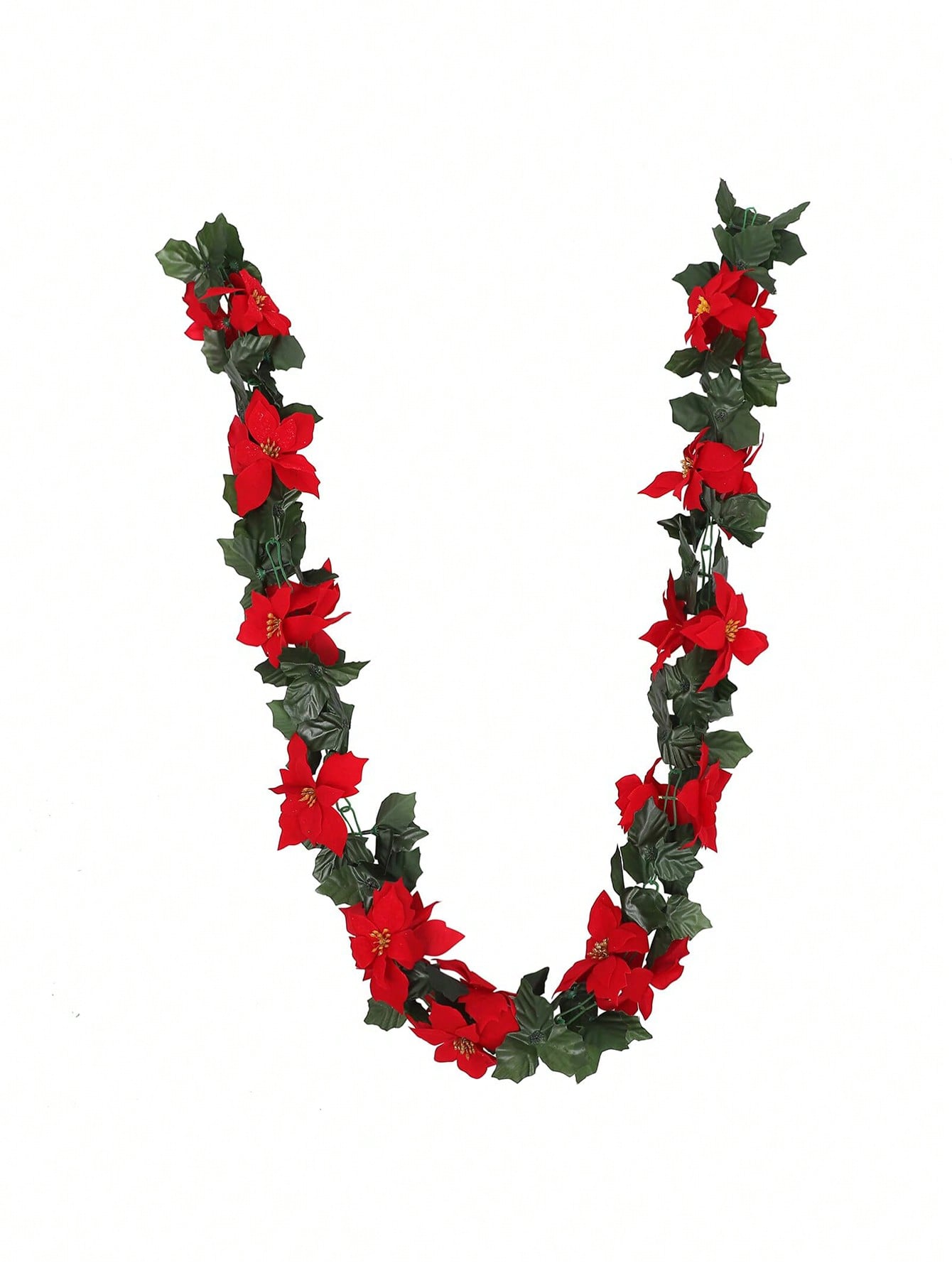 1pc Christmas Garland Decoration, Artificial Red Christmas Flower Garland, Christmas Holiday Fireplace Decor, Christmas Wreath Hanging Decor With Green Leaves For Fireplace, Stairs, Door Holiday Decoration,Christmas