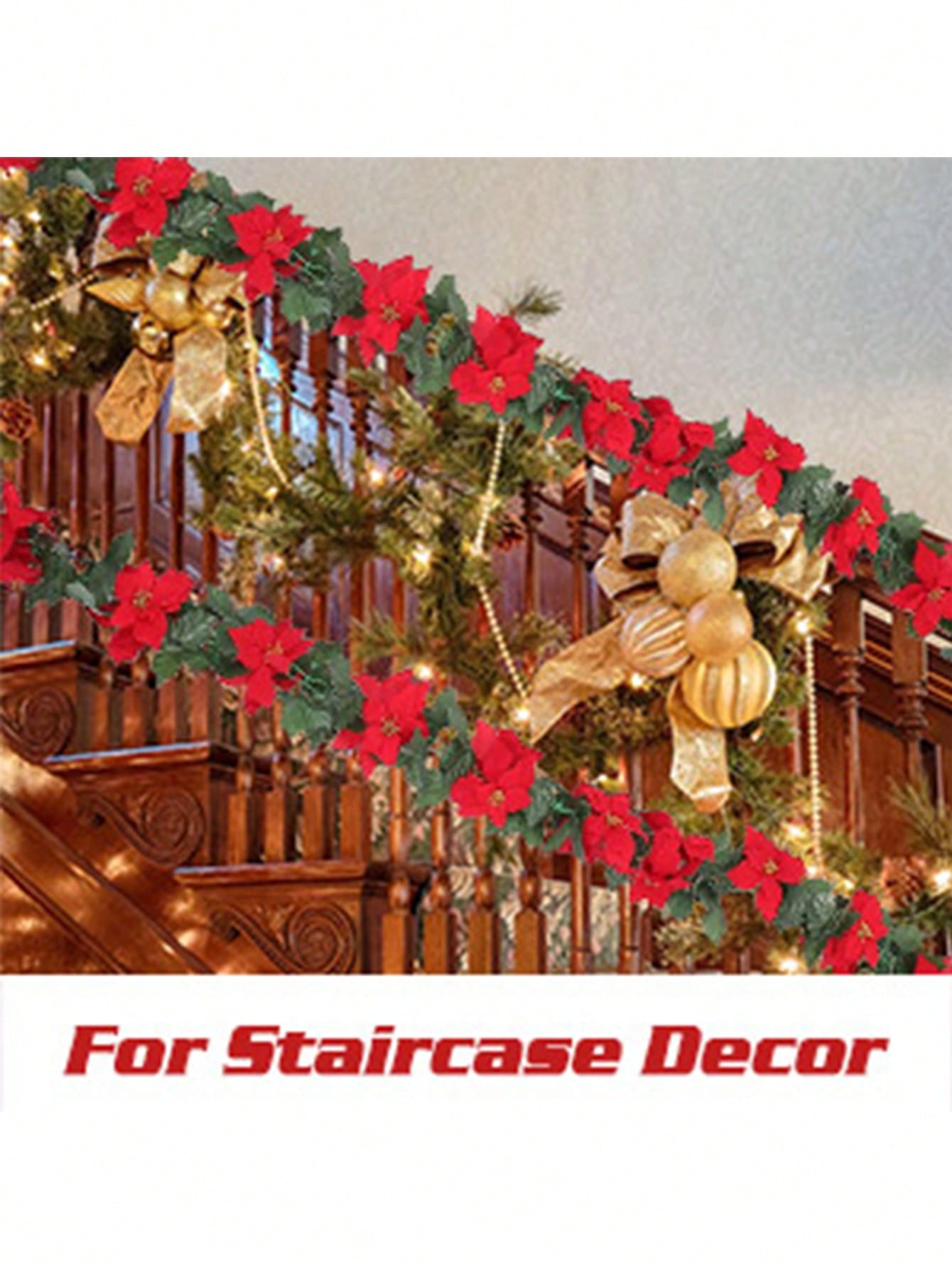 1pc Christmas Garland Decoration, Artificial Red Christmas Flower Garland, Christmas Holiday Fireplace Decor, Christmas Wreath Hanging Decor With Green Leaves For Fireplace, Stairs, Door Holiday Decoration,Christmas