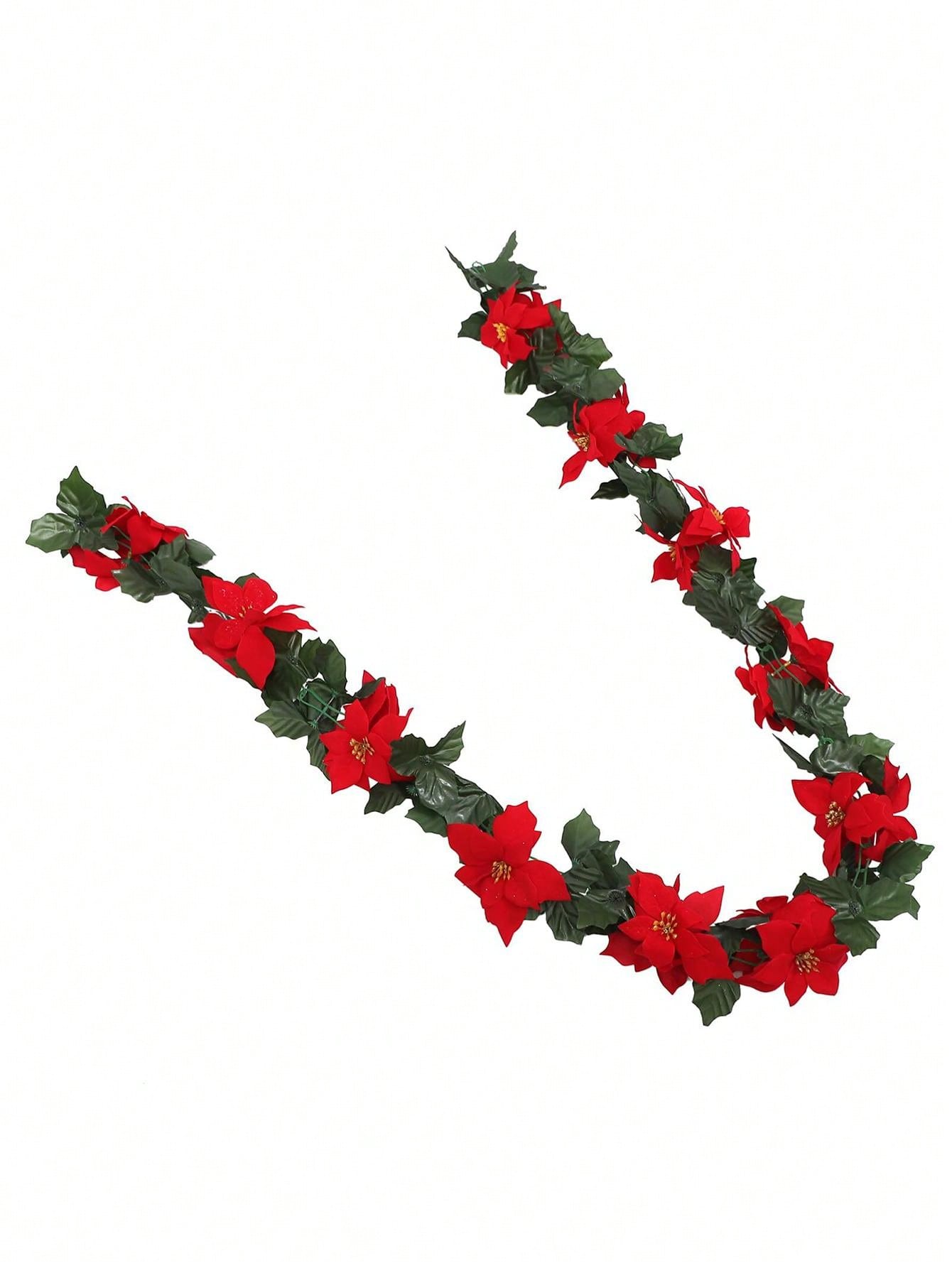 1pc Christmas Garland Decoration, Artificial Red Christmas Flower Garland, Christmas Holiday Fireplace Decor, Christmas Wreath Hanging Decor With Green Leaves For Fireplace, Stairs, Door Holiday Decoration,Christmas