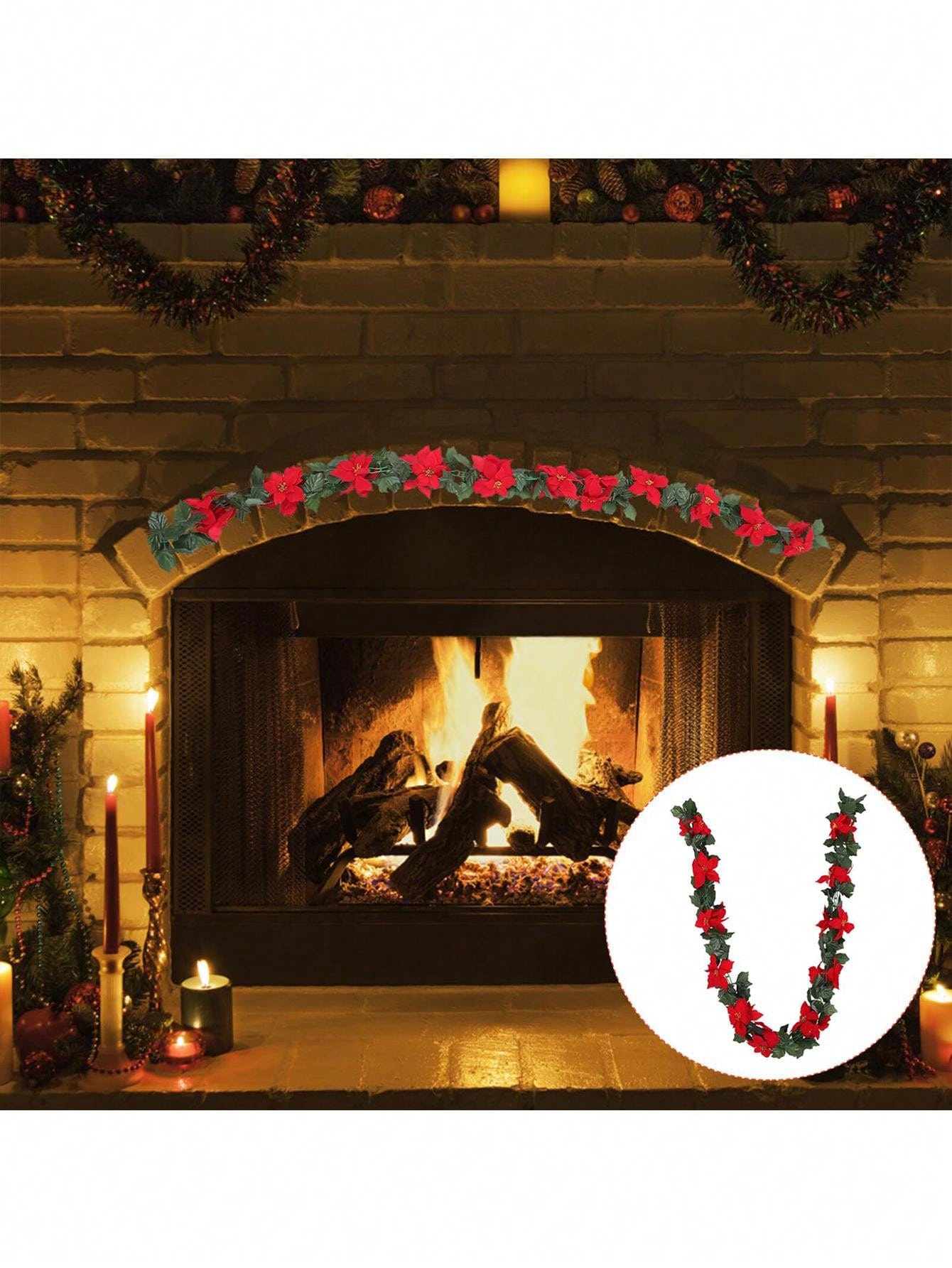 1pc Christmas Garland Decoration, Artificial Red Christmas Flower Garland, Christmas Holiday Fireplace Decor, Christmas Wreath Hanging Decor With Green Leaves For Fireplace, Stairs, Door Holiday Decoration,Christmas