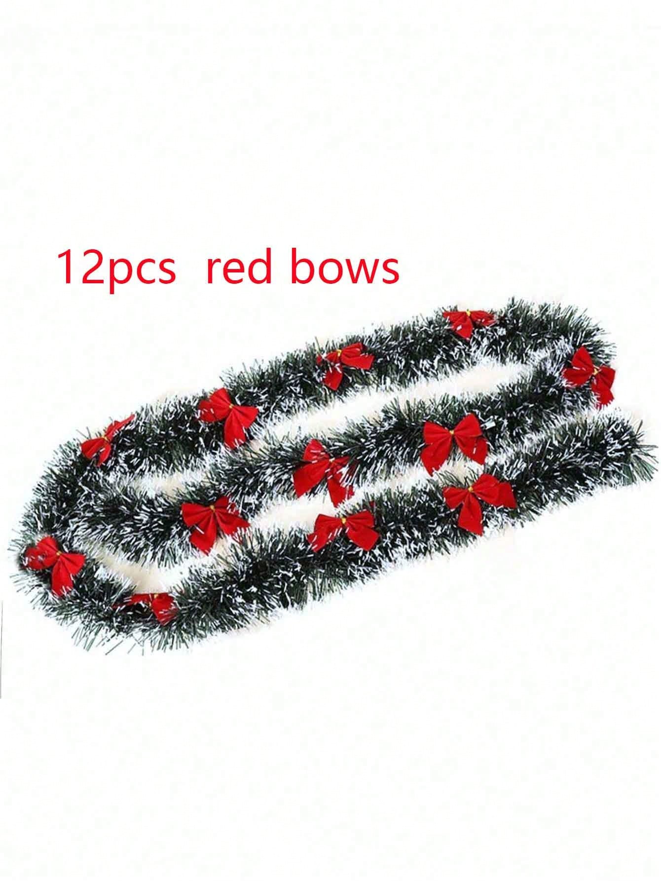 1pc Christmas Tinsel Garland, Dark Green Frost Tip Metallic Garland With 6/12pcs Red Bows, Artificial Xmas Garland For Home Indoor Outdoor Christmas Tree Decoration, Holiday Wedding Party Supplies