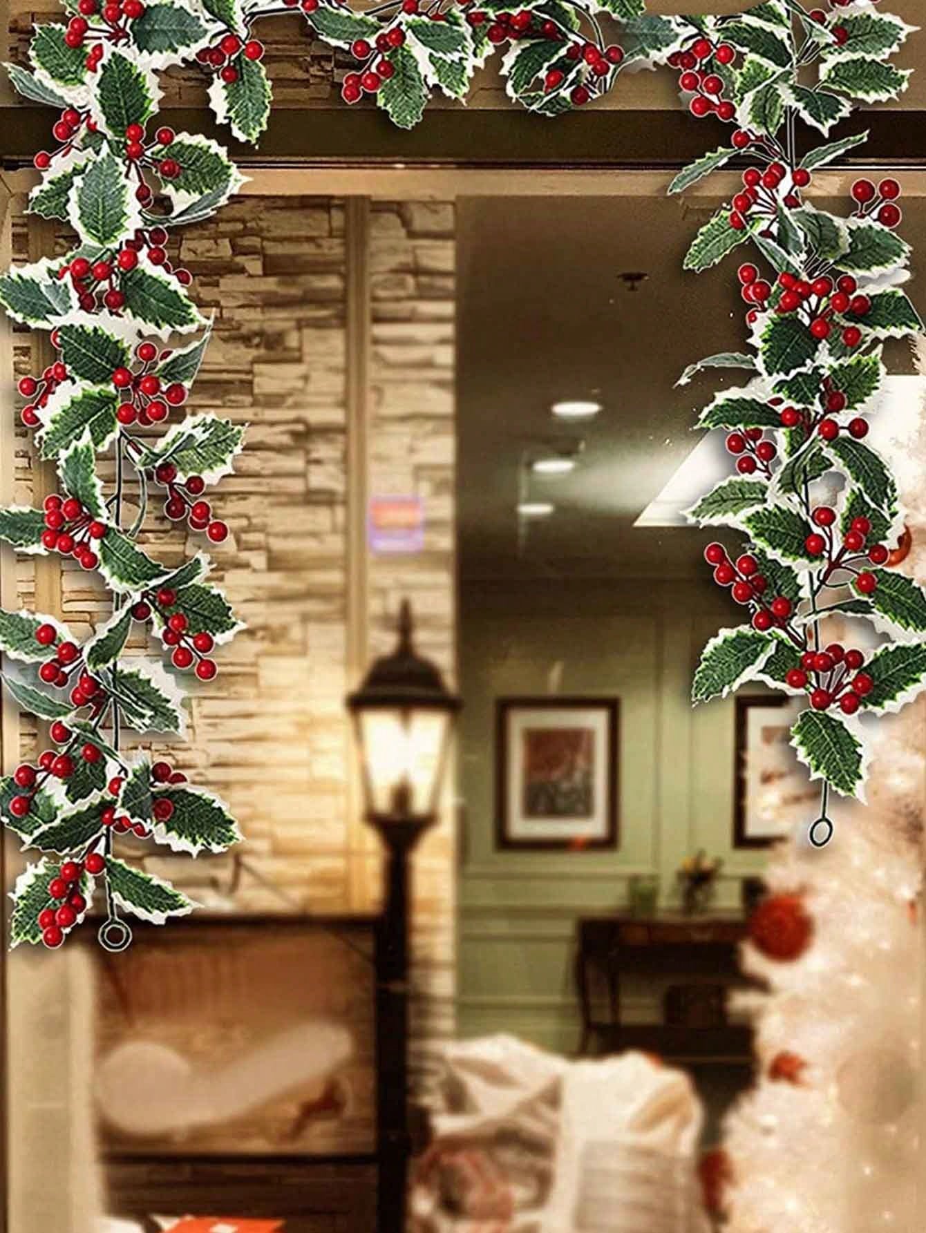 1Pc 2M Artificial Holly Leaves With Garland, Light Garland, Red Berry Garland, DIY Confrontation Ornament, Openly Christmas Tree Party,Christmas