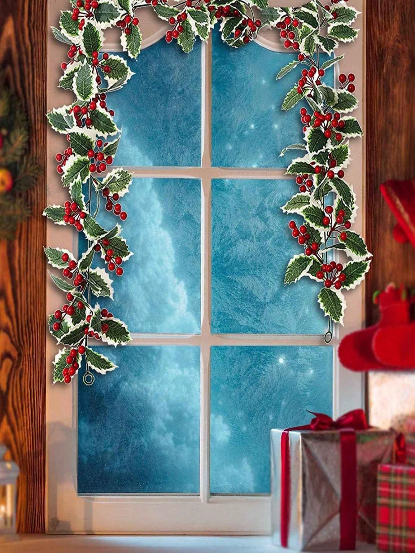 1Pc 2M Artificial Holly Leaves With Garland, Light Garland, Red Berry Garland, DIY Confrontation Ornament, Openly Christmas Tree Party,Christmas