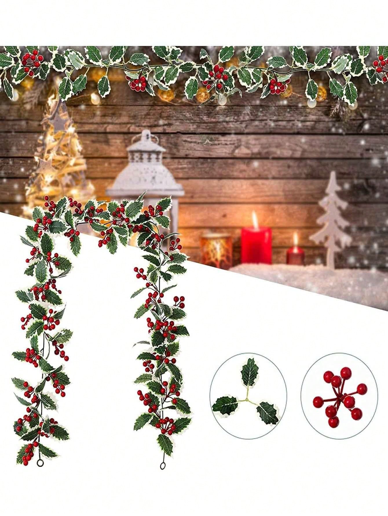 1Pc 2M Artificial Holly Leaves With Garland, Light Garland, Red Berry Garland, DIY Confrontation Ornament, Openly Christmas Tree Party,Christmas