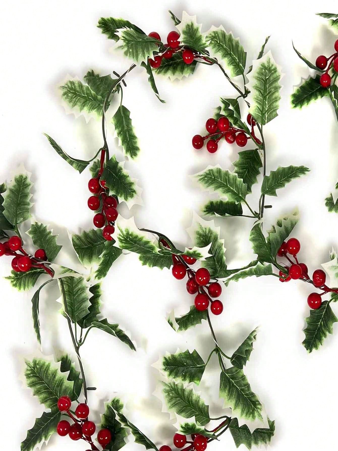 1Pc 2M Artificial Holly Leaves With Garland, Light Garland, Red Berry Garland, DIY Confrontation Ornament, Openly Christmas Tree Party,Christmas