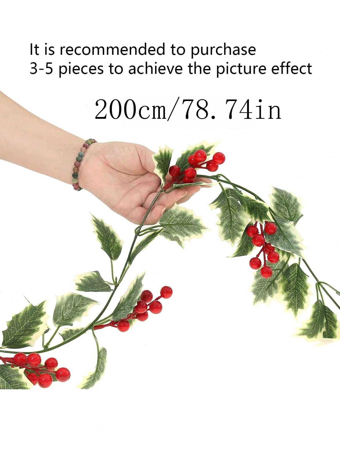 1Pc 2M Artificial Holly Leaves With Garland, Light Garland, Red Berry Garland, DIY Confrontation Ornament, Openly Christmas Tree Party,Christmas