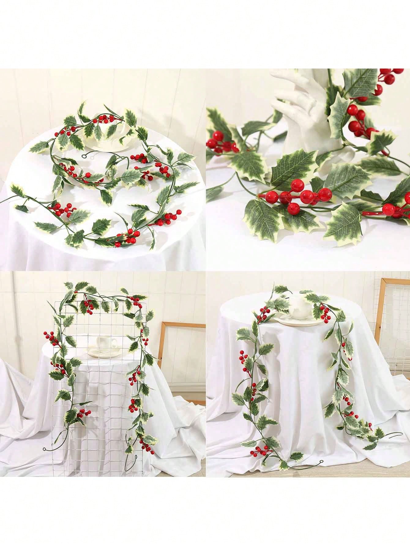 1Pc 2M Artificial Holly Leaves With Garland, Light Garland, Red Berry Garland, DIY Confrontation Ornament, Openly Christmas Tree Party,Christmas