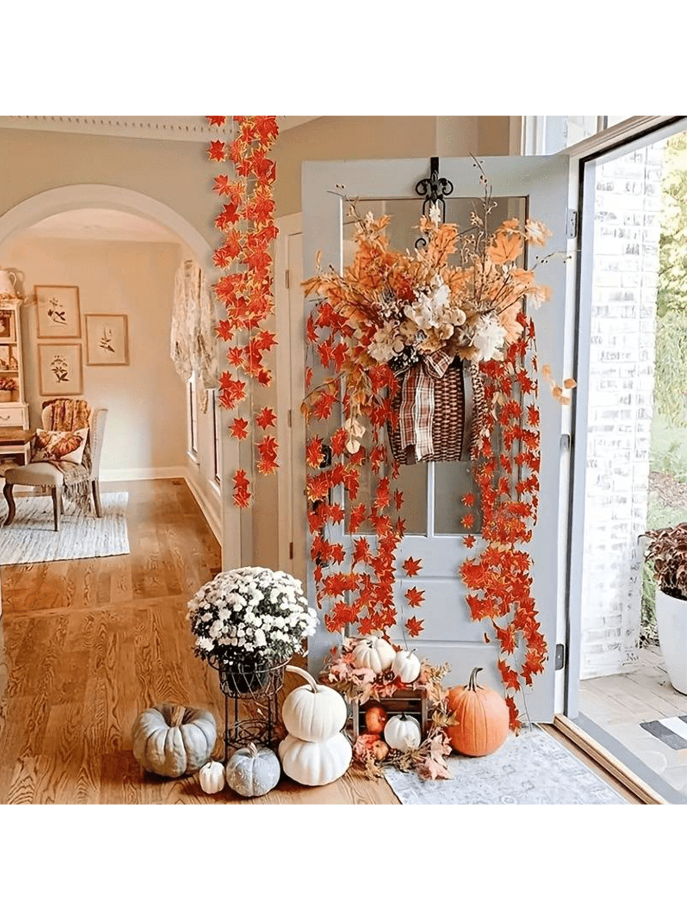 1pc Imitation Fall Fake Maple Leaf Wreath Thanksgiving Autumn Wreath, Wedding Decorations And Harvest Day Halloween Decorations, Hanging Vine Wreath Plant Decorations, Halloween Party Decoration Supplies, Thanksgiving Decorations Fall Autumn,Christmas