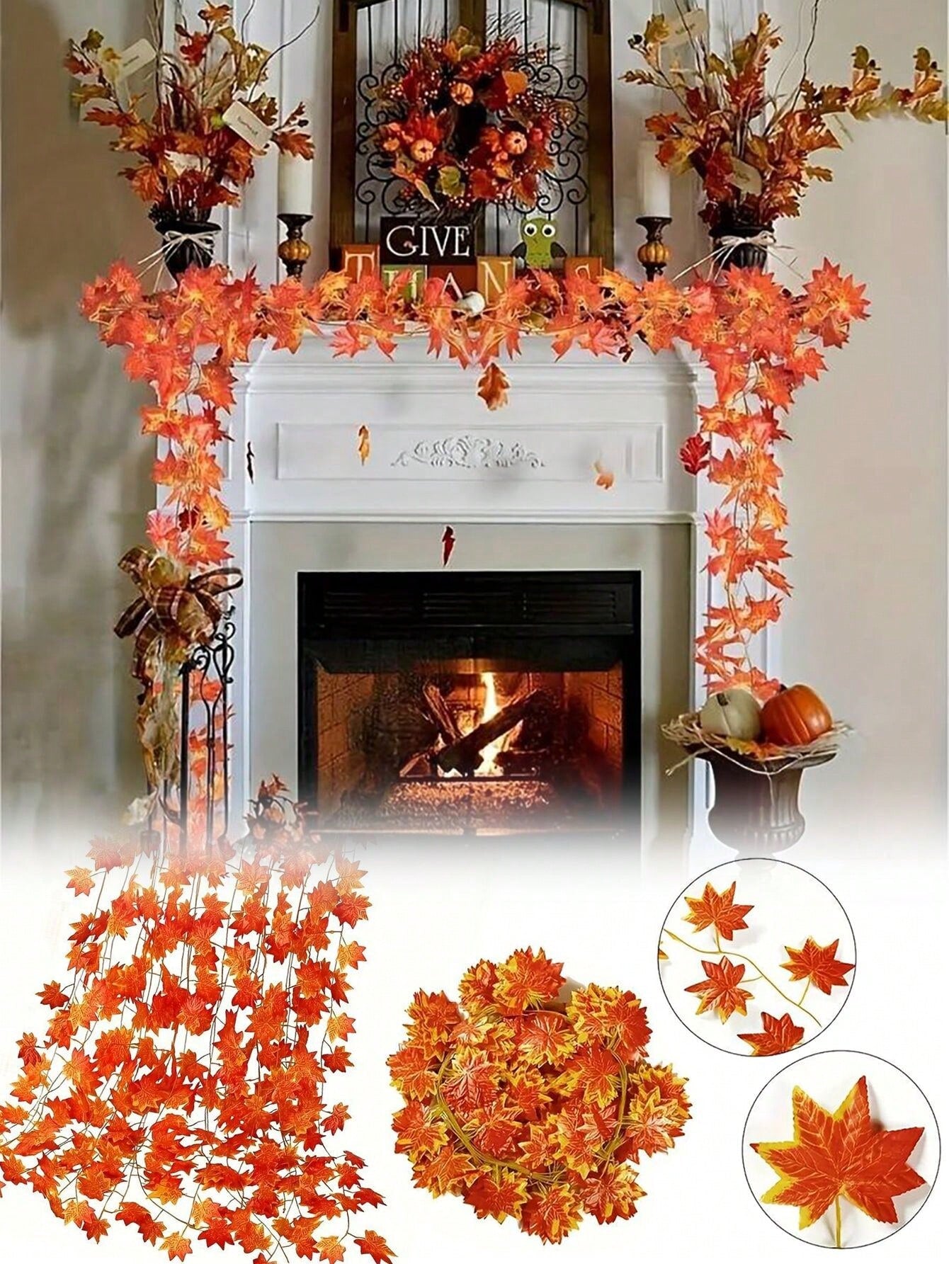 1pc Imitation Fall Fake Maple Leaf Wreath Thanksgiving Autumn Wreath, Wedding Decorations And Harvest Day Halloween Decorations, Hanging Vine Wreath Plant Decorations, Halloween Party Decoration Supplies, Thanksgiving Decorations Fall Autumn,Christmas