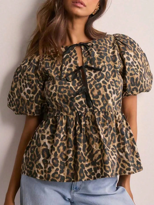 EZwear Women's Summer Leopard Print Tie Front Puff Sleeve Ruffle Hem Blouse