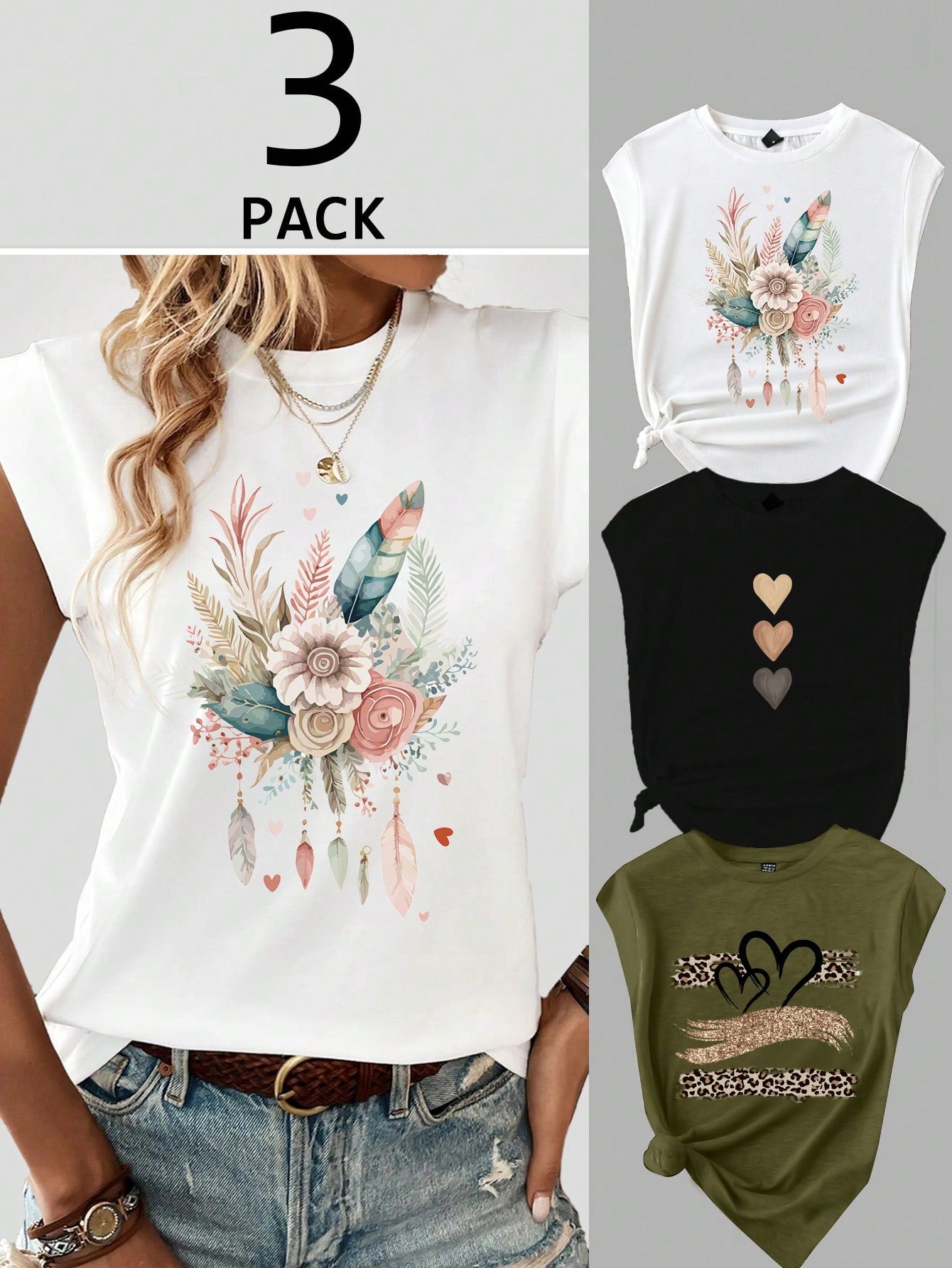 LUNE 3pcs/Set Casual Floral Heart And Leopard Print Round Neck Fitted T-Shirt For Women, Summer