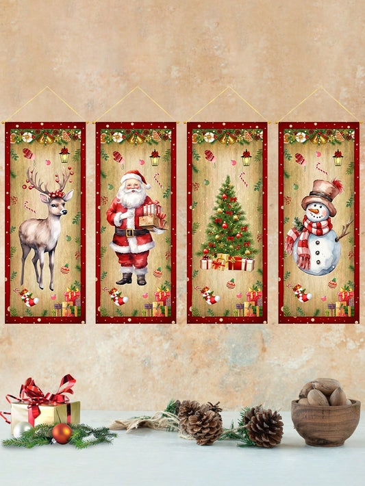 4Pcs Christmas Retro Cloth Hanging Flag,Quilted Wall Hanging,Elk Santa Claus Christmas Tree Snowman Pattern,Christmas Decorations,Indoor/Outdoor Home Decor,Xmas Party Decor Party Supplies,Merry Christmas,2025 New Year Decor,Christmas