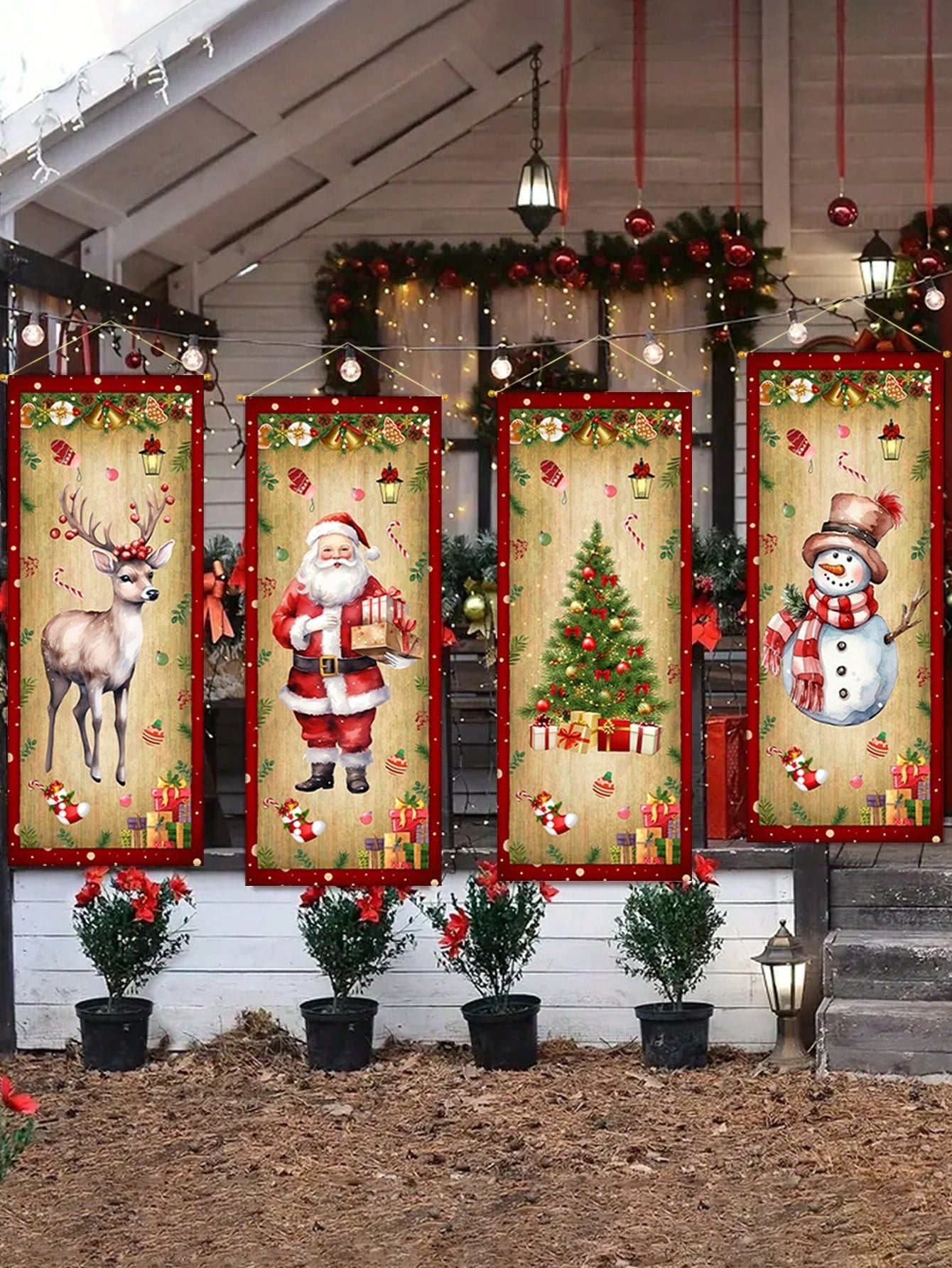 4Pcs Christmas Retro Cloth Hanging Flag,Quilted Wall Hanging,Elk Santa Claus Christmas Tree Snowman Pattern,Christmas Decorations,Indoor/Outdoor Home Decor,Xmas Party Decor Party Supplies,Merry Christmas,2025 New Year Decor,Christmas