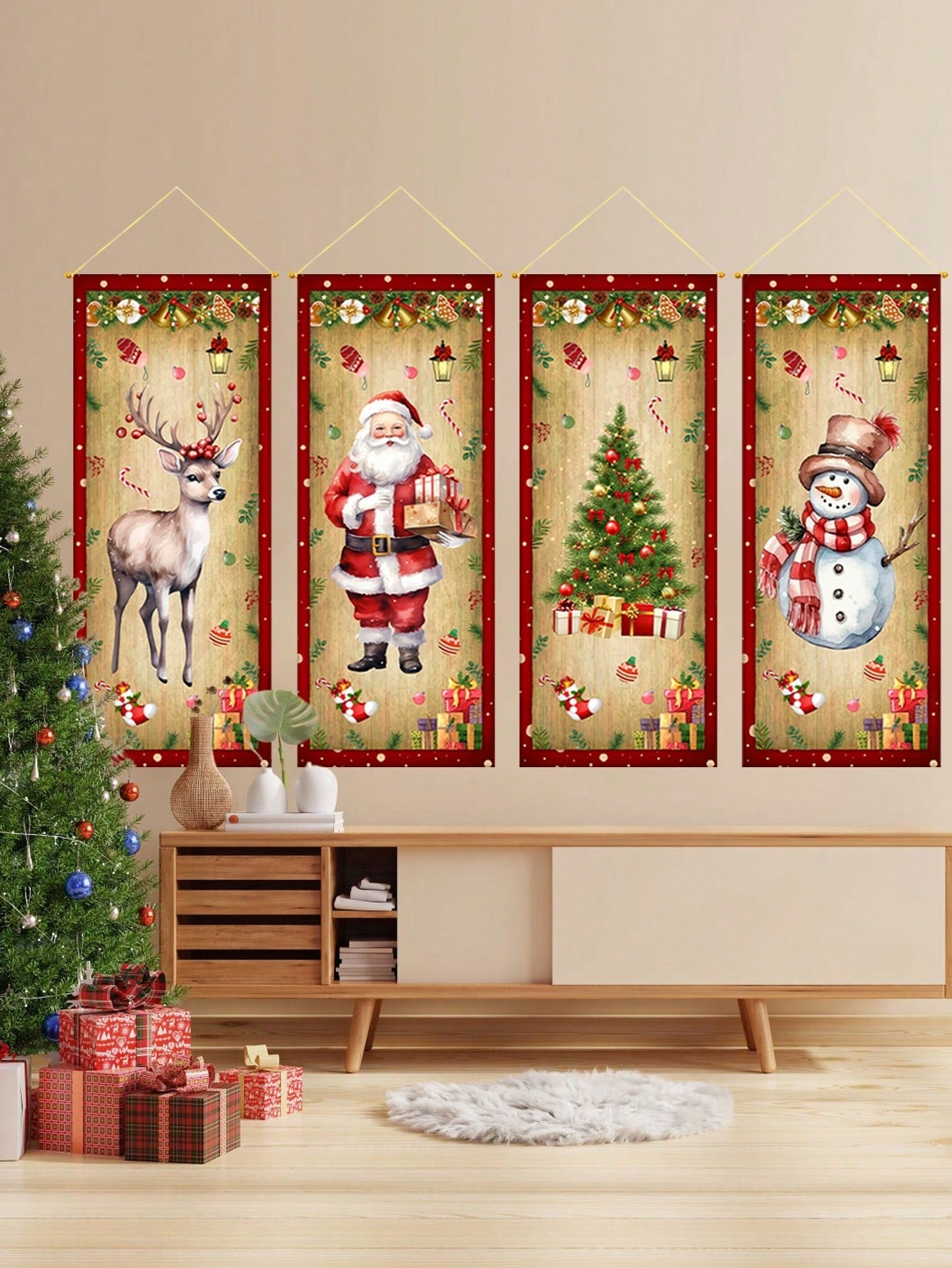 4Pcs Christmas Retro Cloth Hanging Flag,Quilted Wall Hanging,Elk Santa Claus Christmas Tree Snowman Pattern,Christmas Decorations,Indoor/Outdoor Home Decor,Xmas Party Decor Party Supplies,Merry Christmas,2025 New Year Decor,Christmas