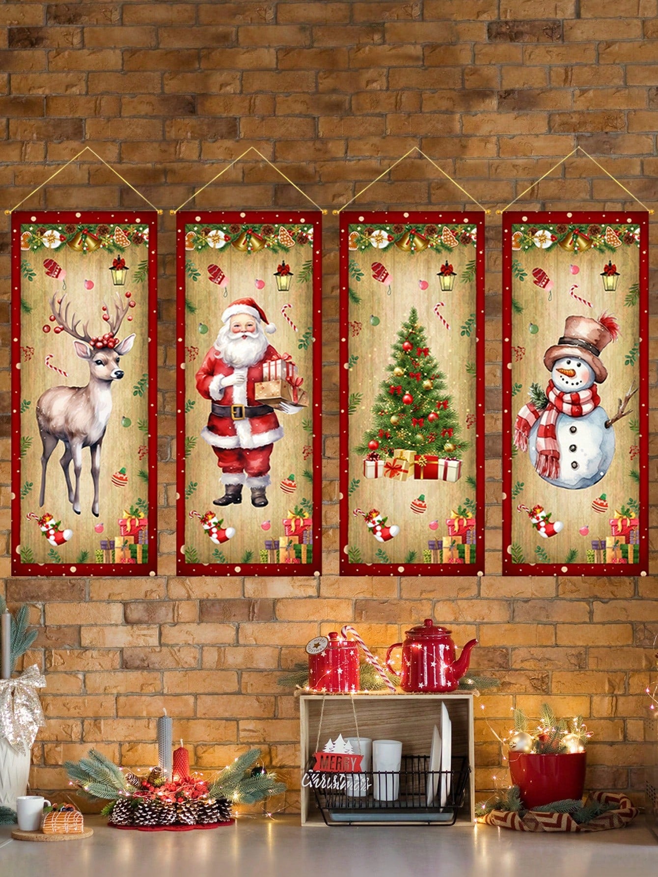 4Pcs Christmas Retro Cloth Hanging Flag,Quilted Wall Hanging,Elk Santa Claus Christmas Tree Snowman Pattern,Christmas Decorations,Indoor/Outdoor Home Decor,Xmas Party Decor Party Supplies,Merry Christmas,2025 New Year Decor,Christmas