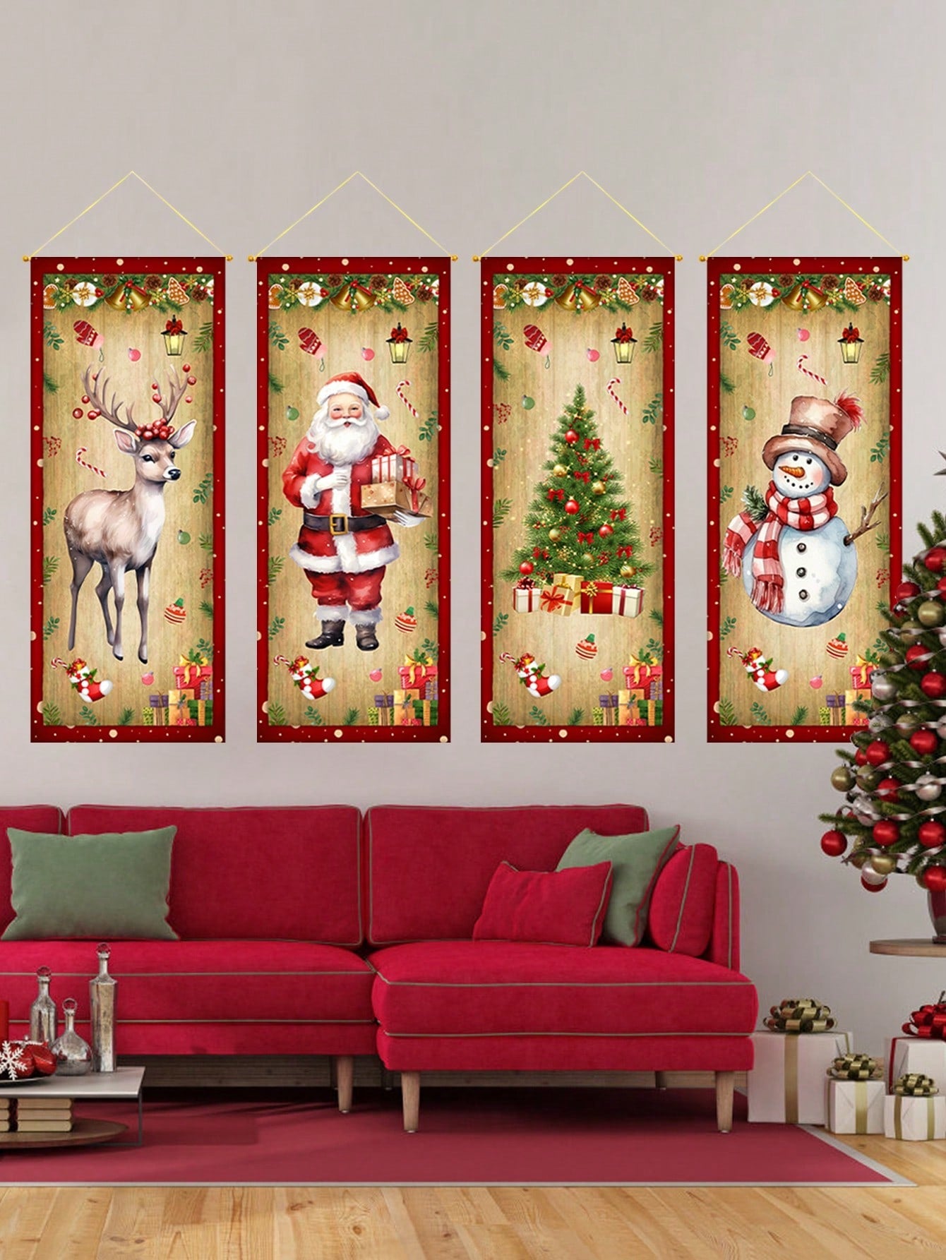 4Pcs Christmas Retro Cloth Hanging Flag,Quilted Wall Hanging,Elk Santa Claus Christmas Tree Snowman Pattern,Christmas Decorations,Indoor/Outdoor Home Decor,Xmas Party Decor Party Supplies,Merry Christmas,2025 New Year Decor,Christmas