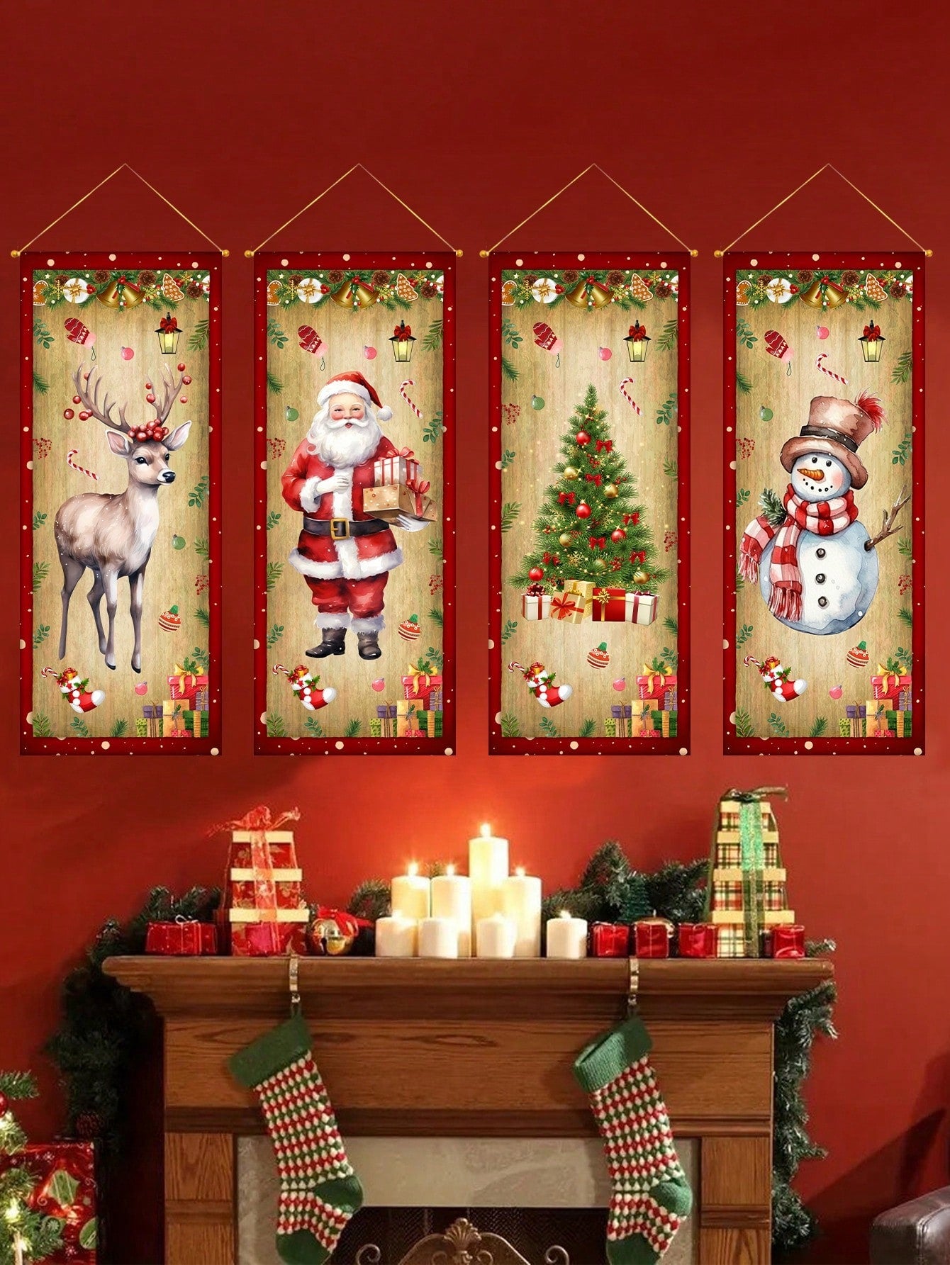 4Pcs Christmas Retro Cloth Hanging Flag,Quilted Wall Hanging,Elk Santa Claus Christmas Tree Snowman Pattern,Christmas Decorations,Indoor/Outdoor Home Decor,Xmas Party Decor Party Supplies,Merry Christmas,2025 New Year Decor,Christmas