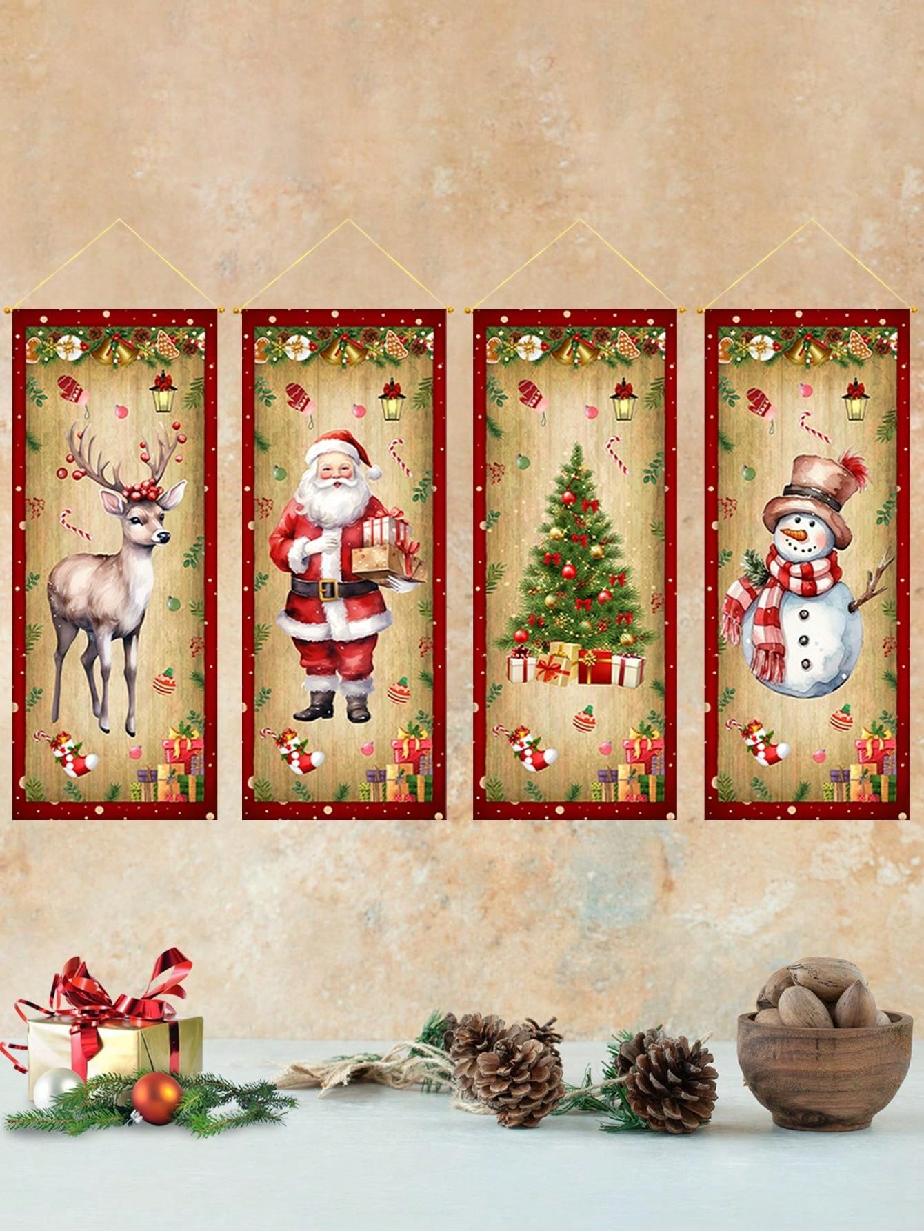 4Pcs Christmas Retro Cloth Hanging Flag,Quilted Wall Hanging,Elk Santa Claus Christmas Tree Snowman Pattern,Christmas Decorations,Indoor/Outdoor Home Decor,Xmas Party Decor Party Supplies,Merry Christmas,2025 New Year Decor,Christmas