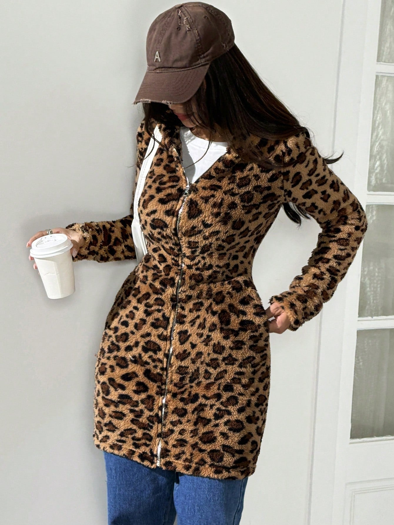 EZwear Zippered Hooded Leopard Print Flannel Coat