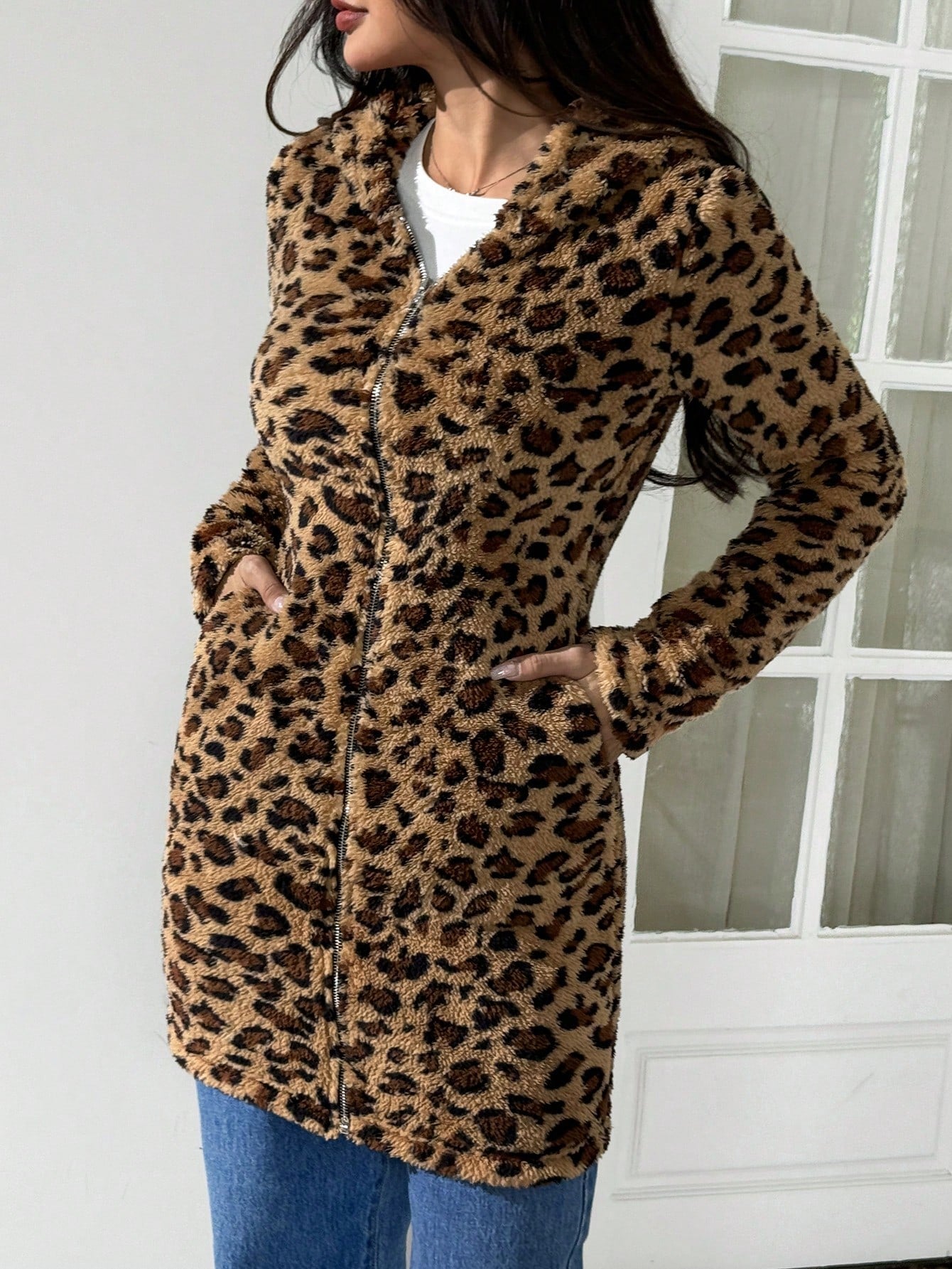 EZwear Zippered Hooded Leopard Print Flannel Coat