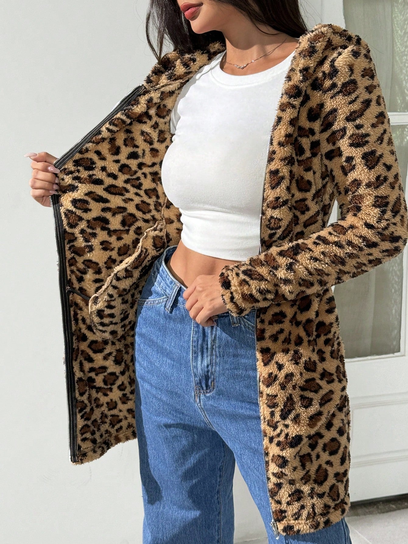 EZwear Zippered Hooded Leopard Print Flannel Coat