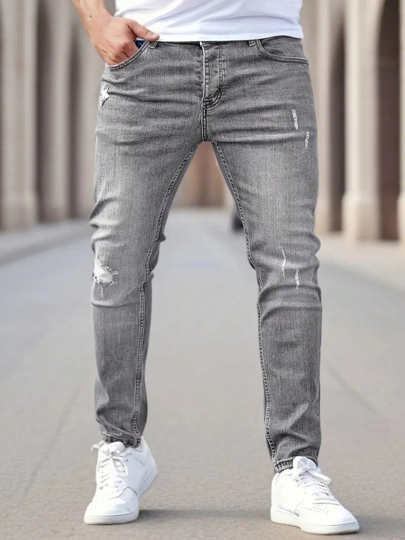 Men's Fashionable Distressed Patch Skinny Jeans, Trendy Denim Pants