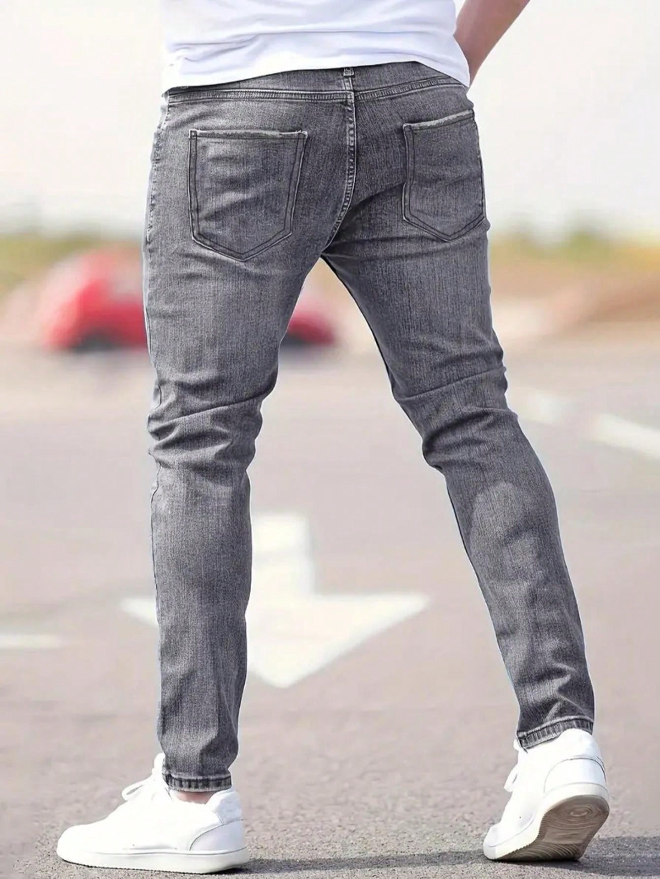 Men's Fashionable Distressed Patch Skinny Jeans, Trendy Denim Pants