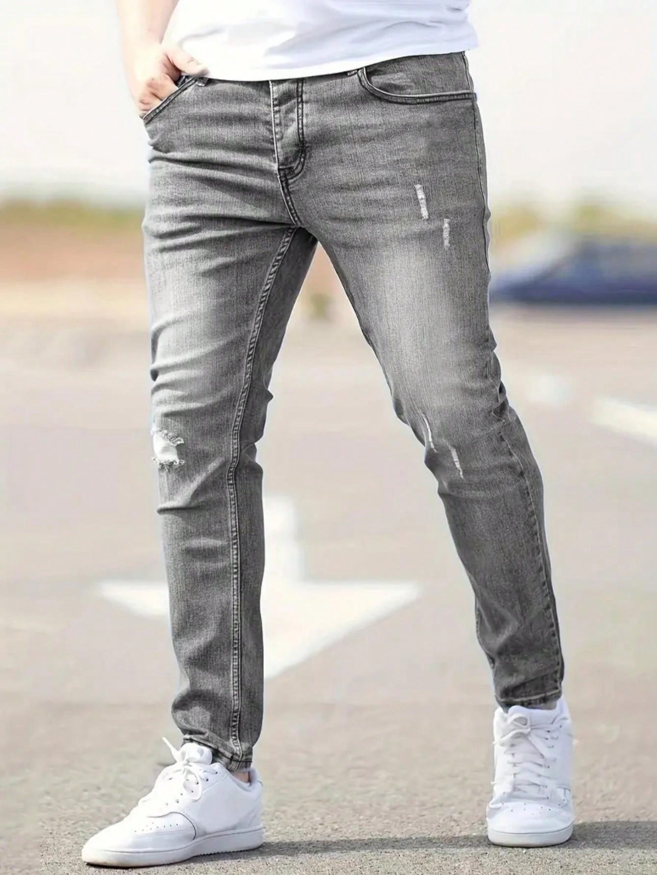 Men's Fashionable Distressed Patch Skinny Jeans, Trendy Denim Pants