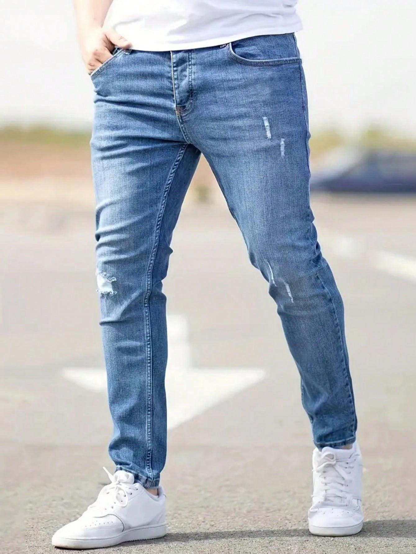 Men's Skinny Distressed Jeans, Stretch Casual Slim Fit Pants