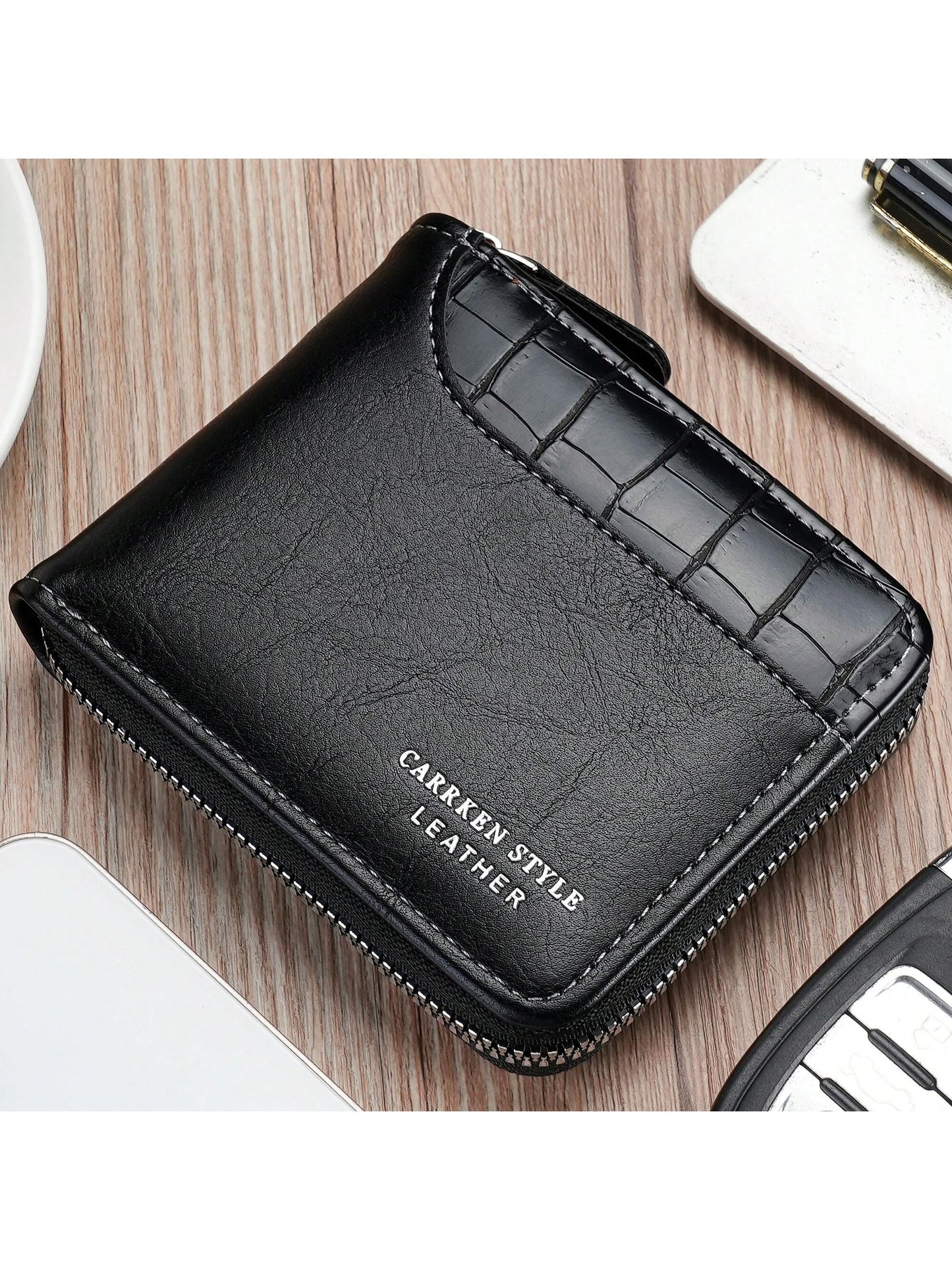 1pc New Men's Wallet, Crocodile Print PU Leather, Multi-Function Zipper, Fashionable Casual Short Wallet, Suitable For Youth, Student, Travel, All-Match Card Holder