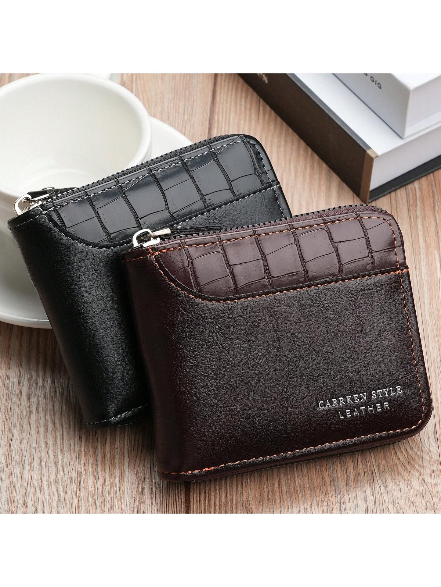 1pc New Men's Wallet, Crocodile Print PU Leather, Multi-Function Zipper, Fashionable Casual Short Wallet, Suitable For Youth, Student, Travel, All-Match Card Holder